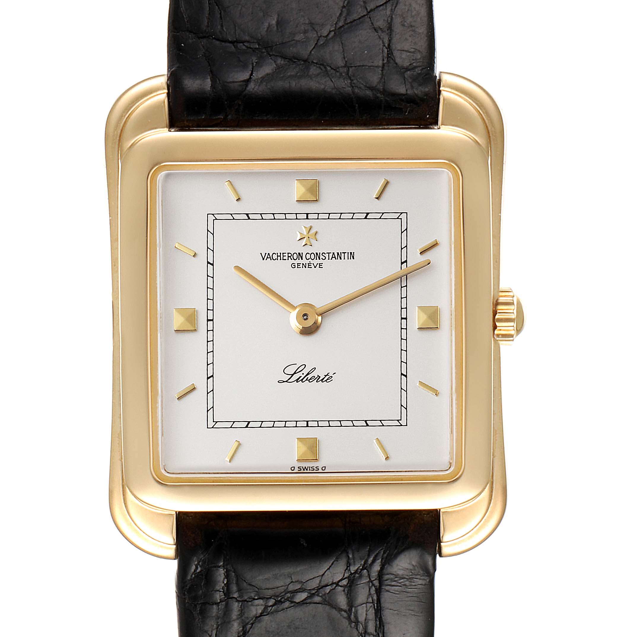 The image shows the front of a Vacheron Constantin Vintage 31100 Men's Yellow Gold Silver Dial 31100 Men's Yellow Gold Silver Dial "Liberté" watch, highlighting its square gold case, white dial, and black leather strap.