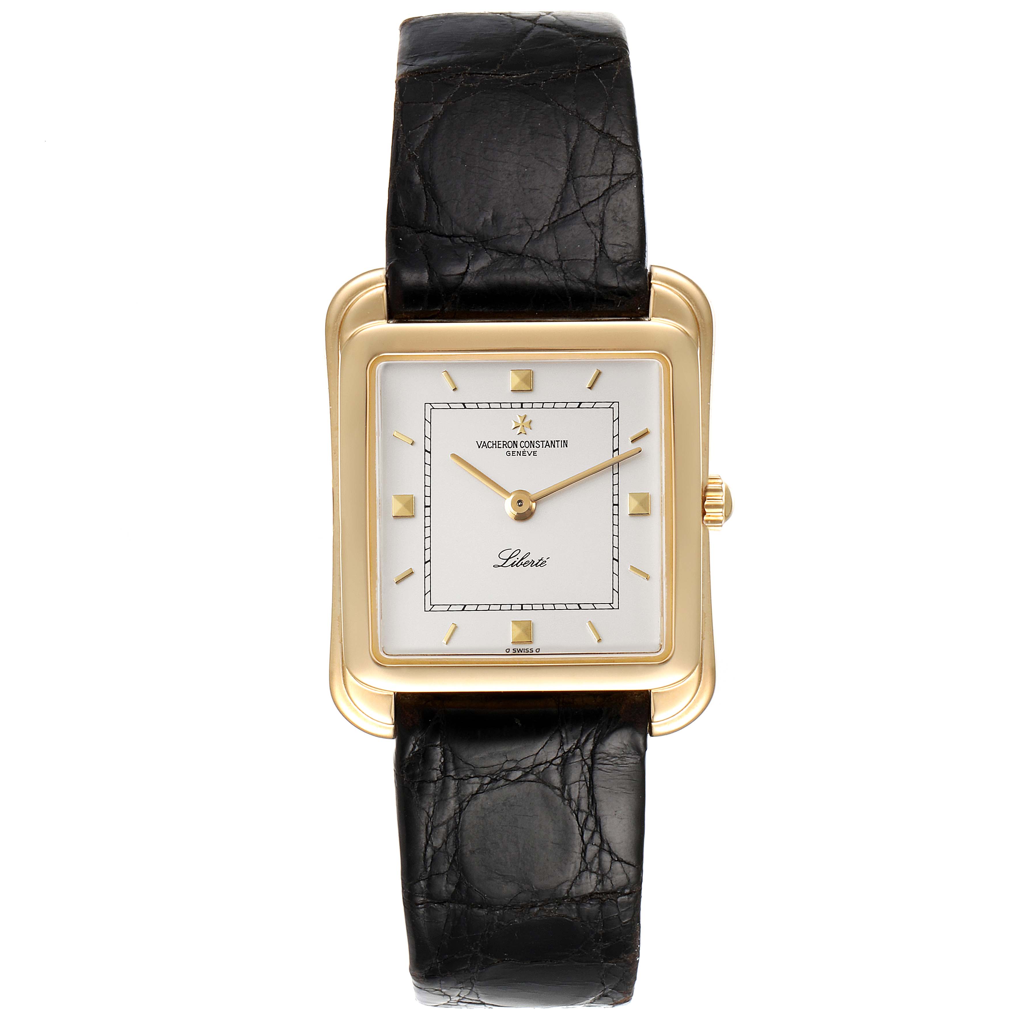 This image shows a front view of the Vintage Vacheron Constantin watch with a rectangular gold case and black leather strap.
