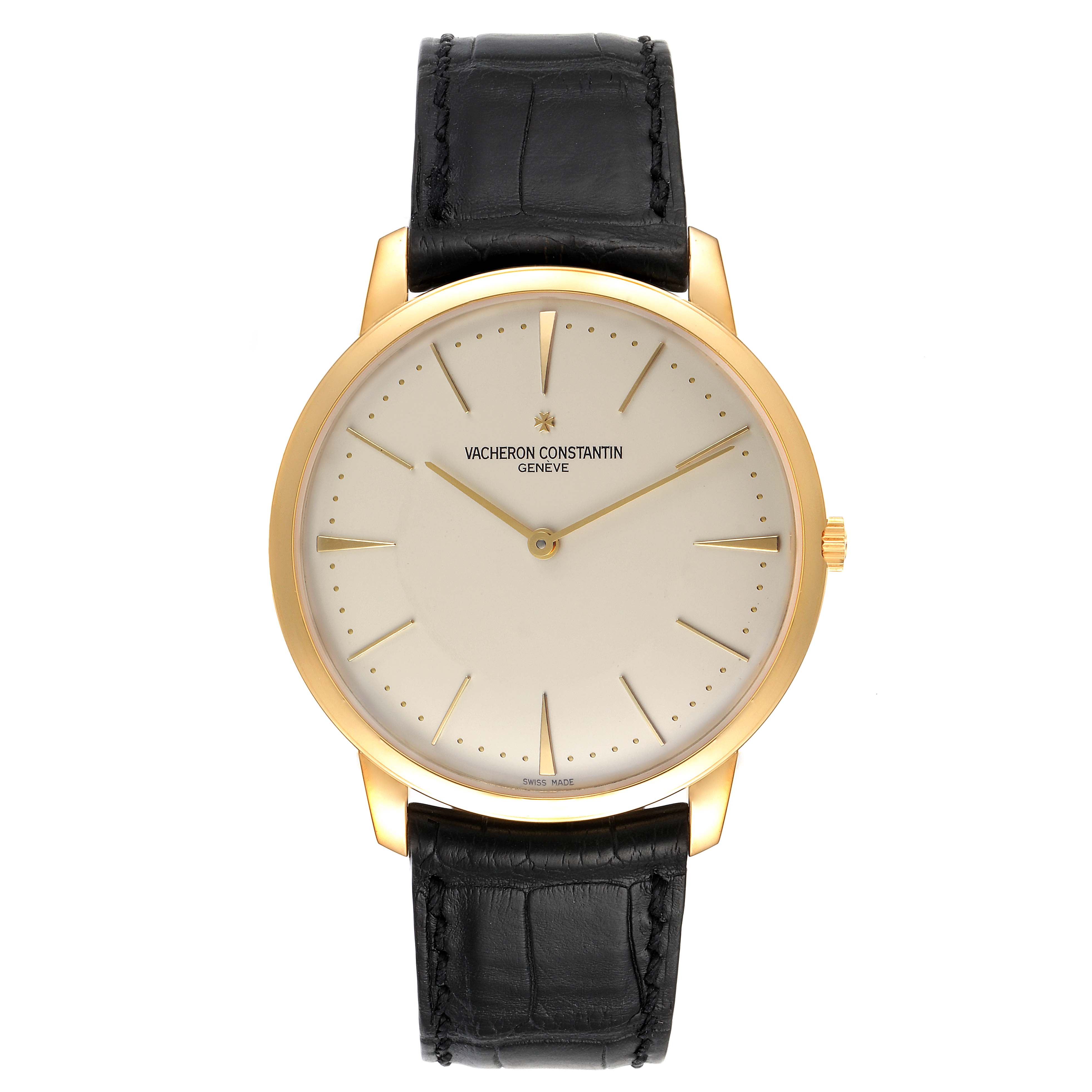 The image shows a front view of the Vacheron Constantin Patrimony 81180 Men's Yellow Gold Silver Dial 81180 Men's Yellow Gold Silver Dial watch, displaying its face, hands, bezel, and strap.