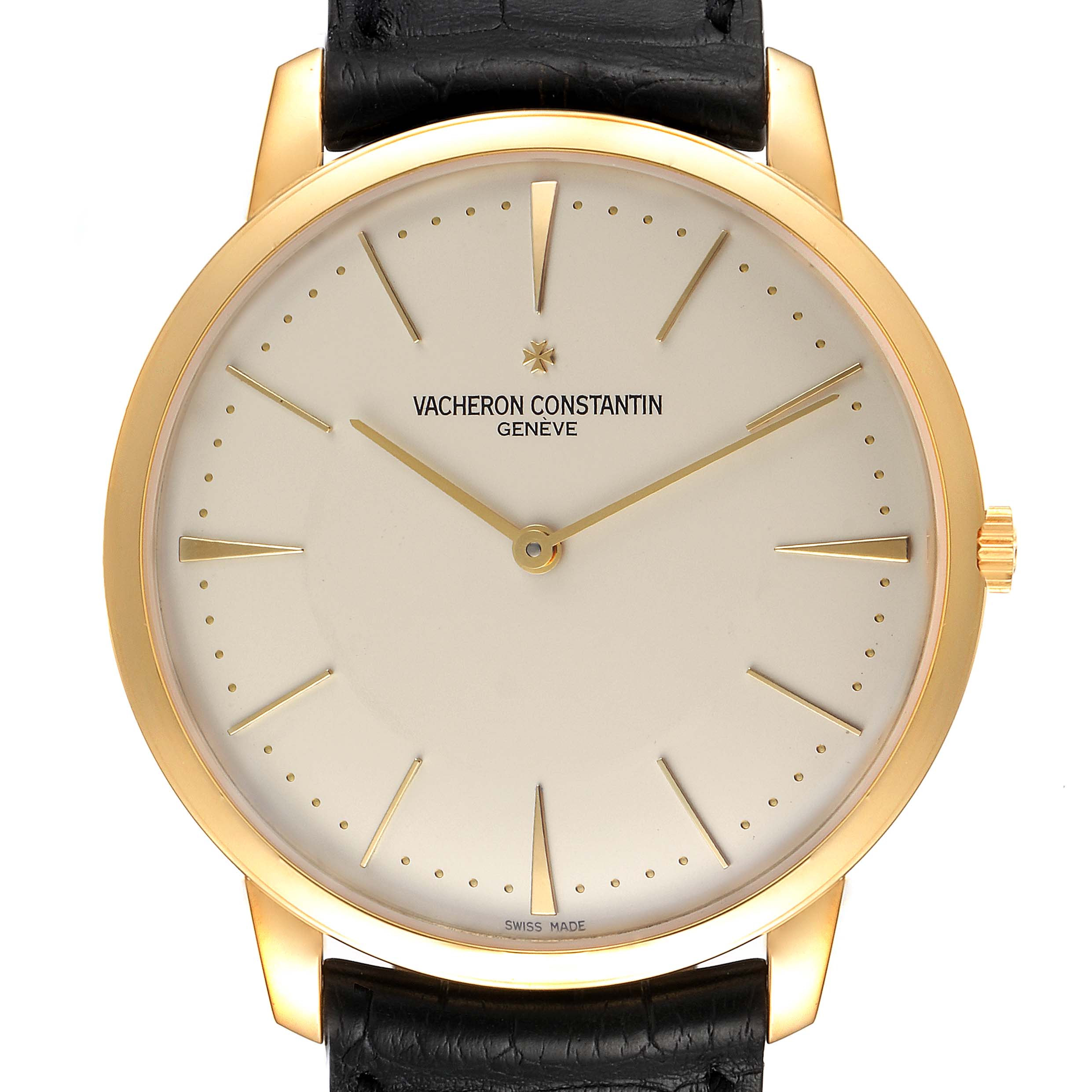 The image shows a front view of the dial and bezel of a Vacheron Constantin Patrimony 81180 Men's Yellow Gold Silver Dial 81180 Men's Yellow Gold Silver Dial watch.