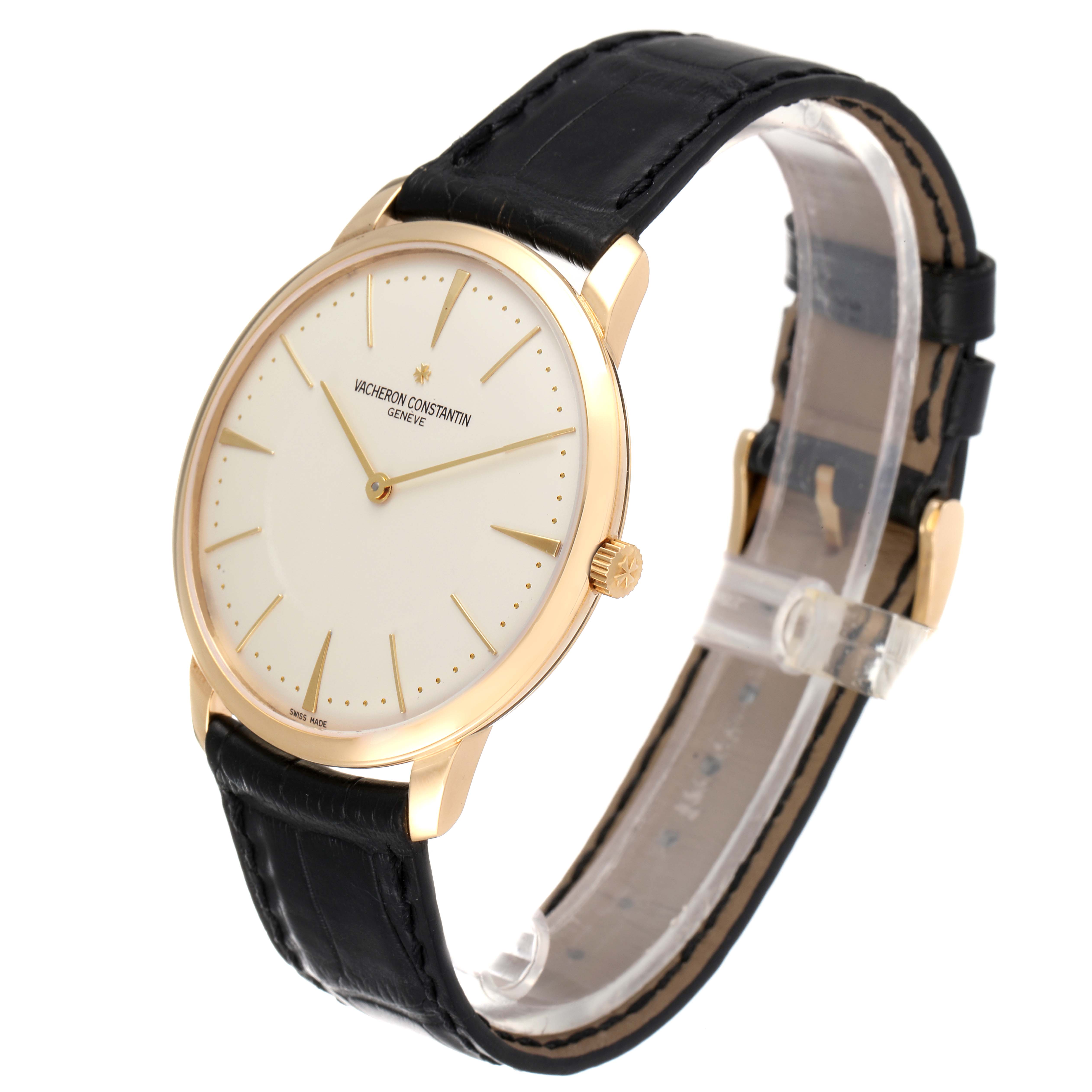 The image shows a Vacheron Constantin Patrimony 81180 Men's Yellow Gold Silver Dial 81180 Men's Yellow Gold Silver Dial watch at a three-quarter angle, emphasizing the dial, case, crown, and strap.