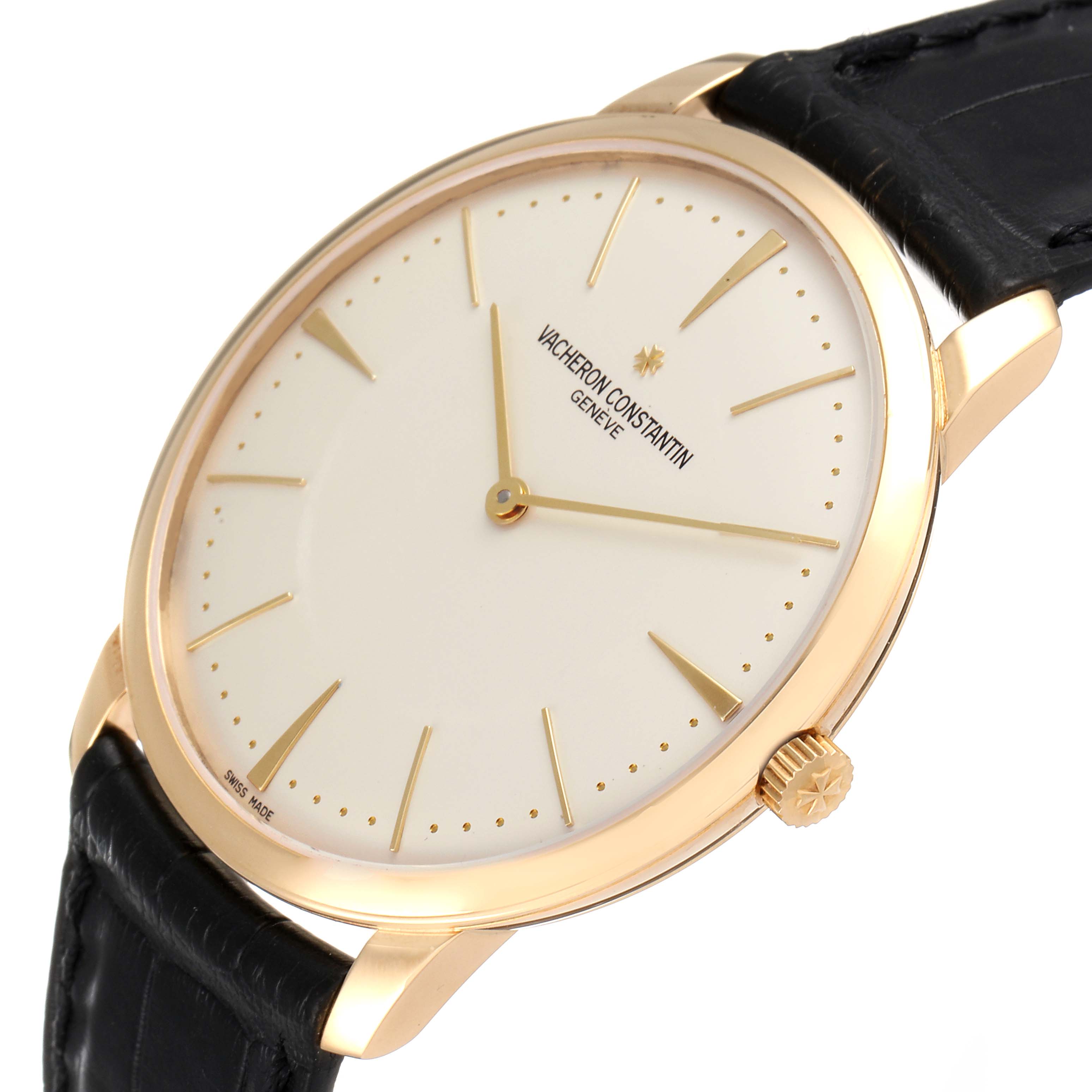The image shows a side-angle view of the Vacheron Constantin Patrimony 81180 Men's Yellow Gold Silver Dial 81180 Men's Yellow Gold Silver Dial watch, highlighting the face, crown, and strap connection.