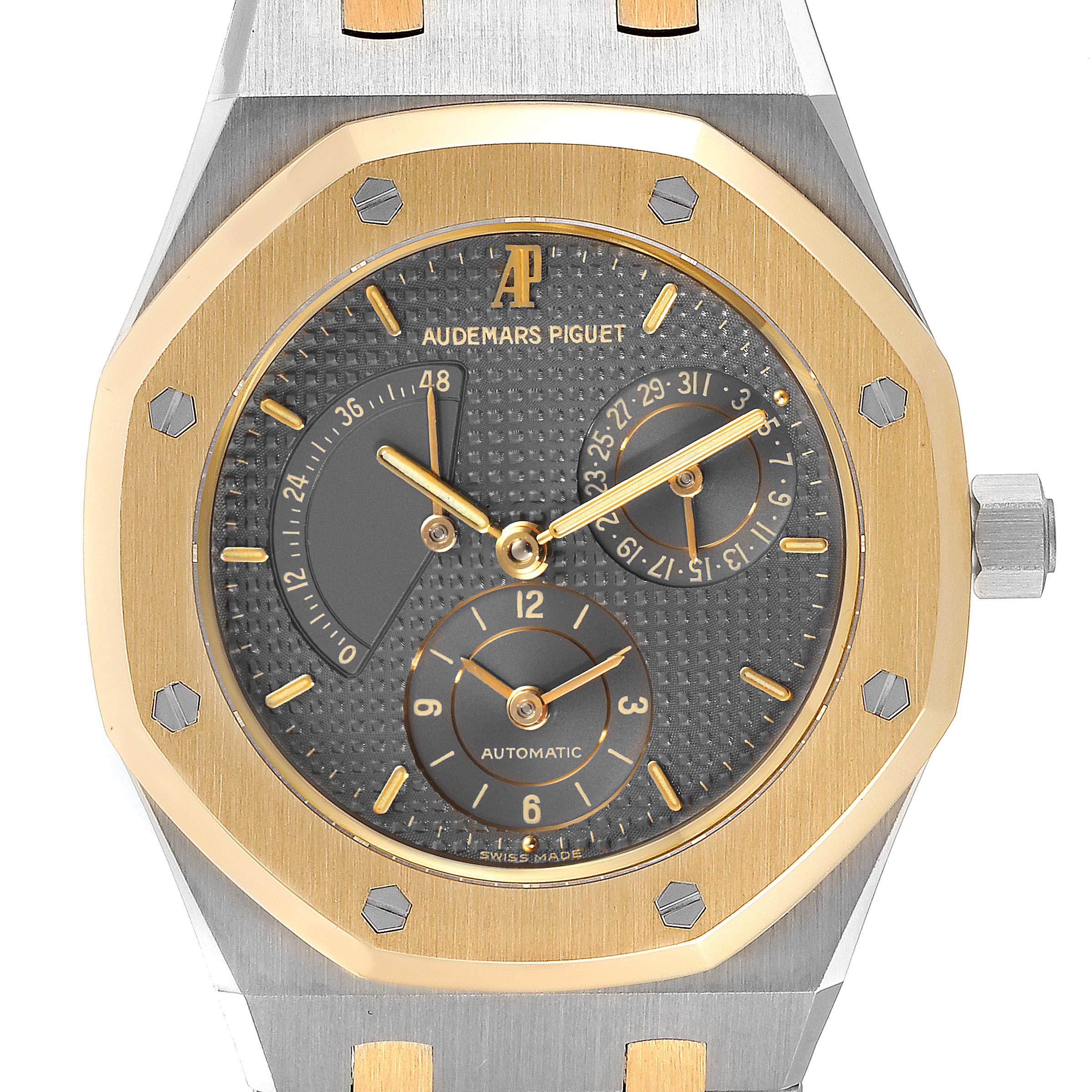 The image shows a front view of an Audemars Piguet Royal Oak 25730SA.01.078 Men
s Steel and Gold (two tone) Silver Dial 25730SA.01.078 Men
s Steel and Gold (two tone) Silver Dial watch, highlighting its dial, bezel, and hands.