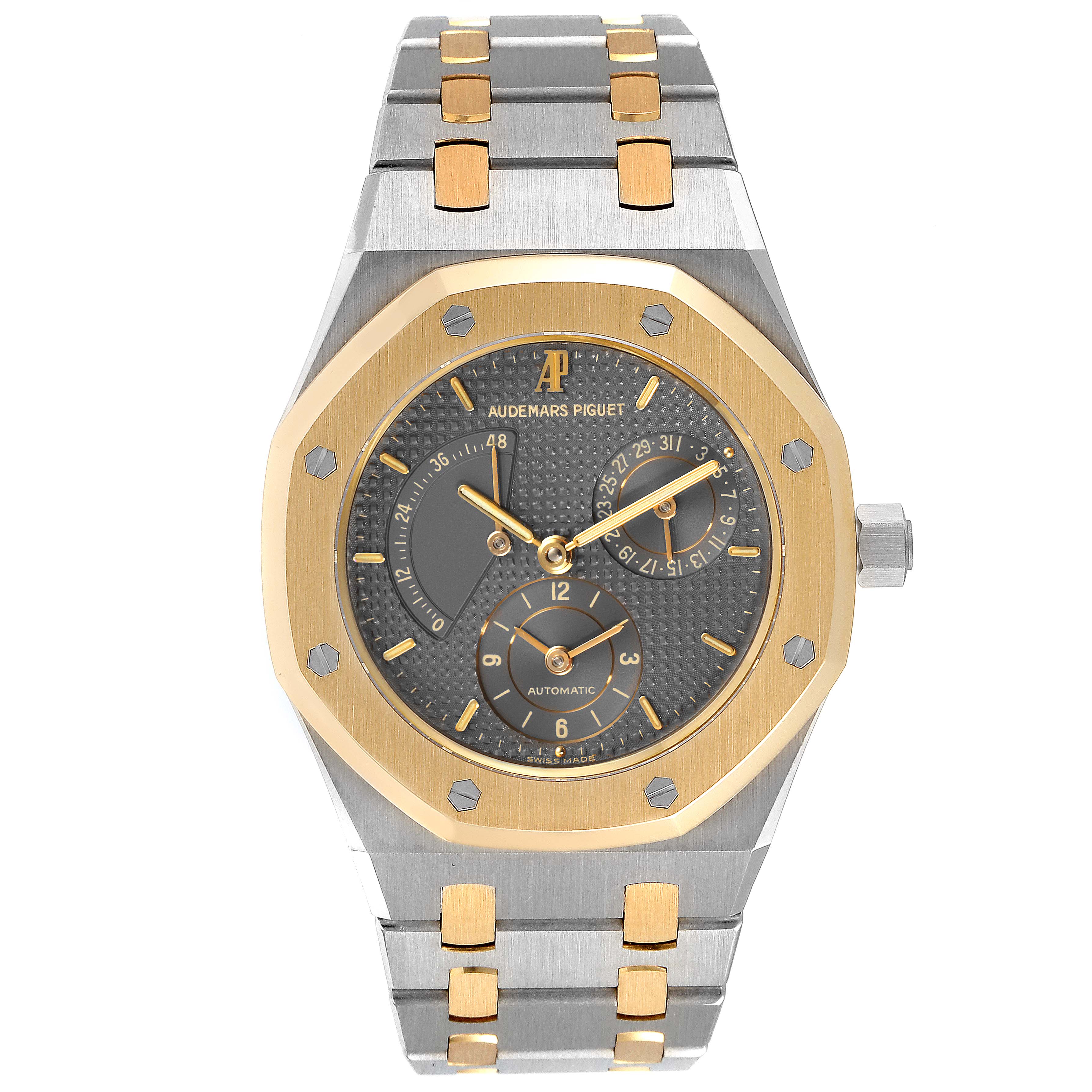 This is a frontal view of an Audemars Piguet Royal Oak 25730SA.01.078 Men
s Steel and Gold (two tone) Silver Dial 25730SA.01.078 Men
s Steel and Gold (two tone) Silver Dial watch, showing the case, dial, hands, subdials, and bracelet.