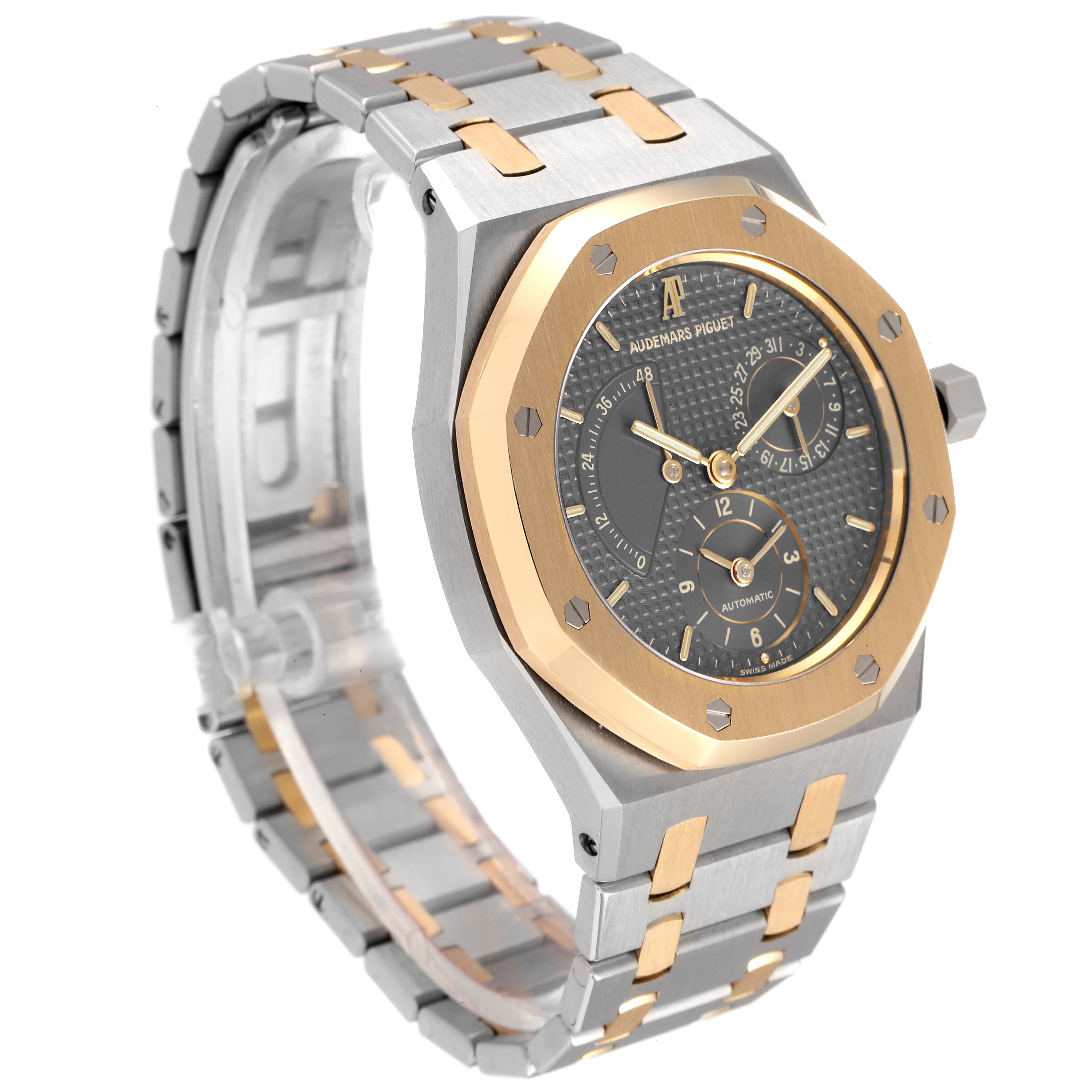 The image shows a Royal Oak model by Audemars Piguet from a front-angle view, highlighting its face and bracelet.