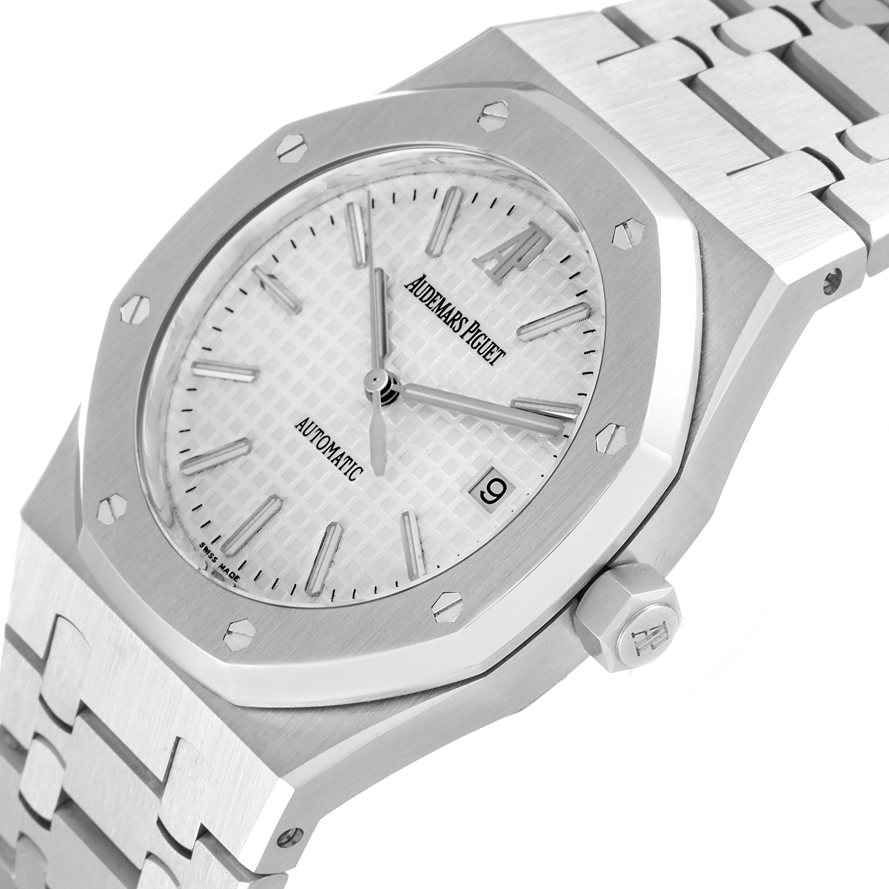 This image shows a detailed angled view of the Audemars Piguet Royal Oak 15300ST.OO.1220ST.01 Men's Stainless Steel White Dial 15300ST.OO.1220ST.01 Men's Stainless Steel White Dial watch, highlighting the face, crown, and bracelet.