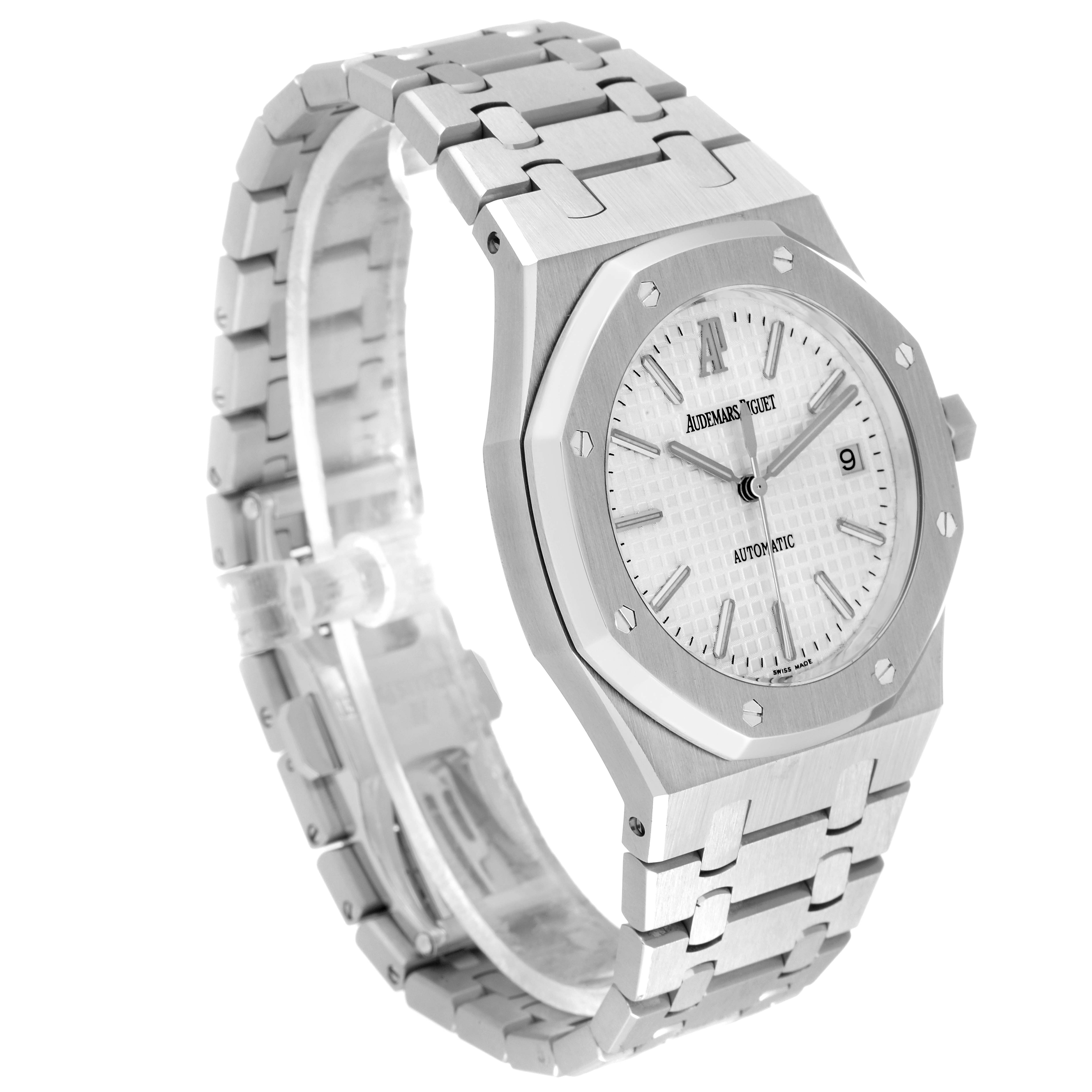 This image shows a side angle view of an Audemars Piguet Royal Oak 15300ST.OO.1220ST.01 Men's Stainless Steel White Dial 15300ST.OO.1220ST.01 Men's Stainless Steel White Dial watch, featuring its case, bracelet, and dial with date display.