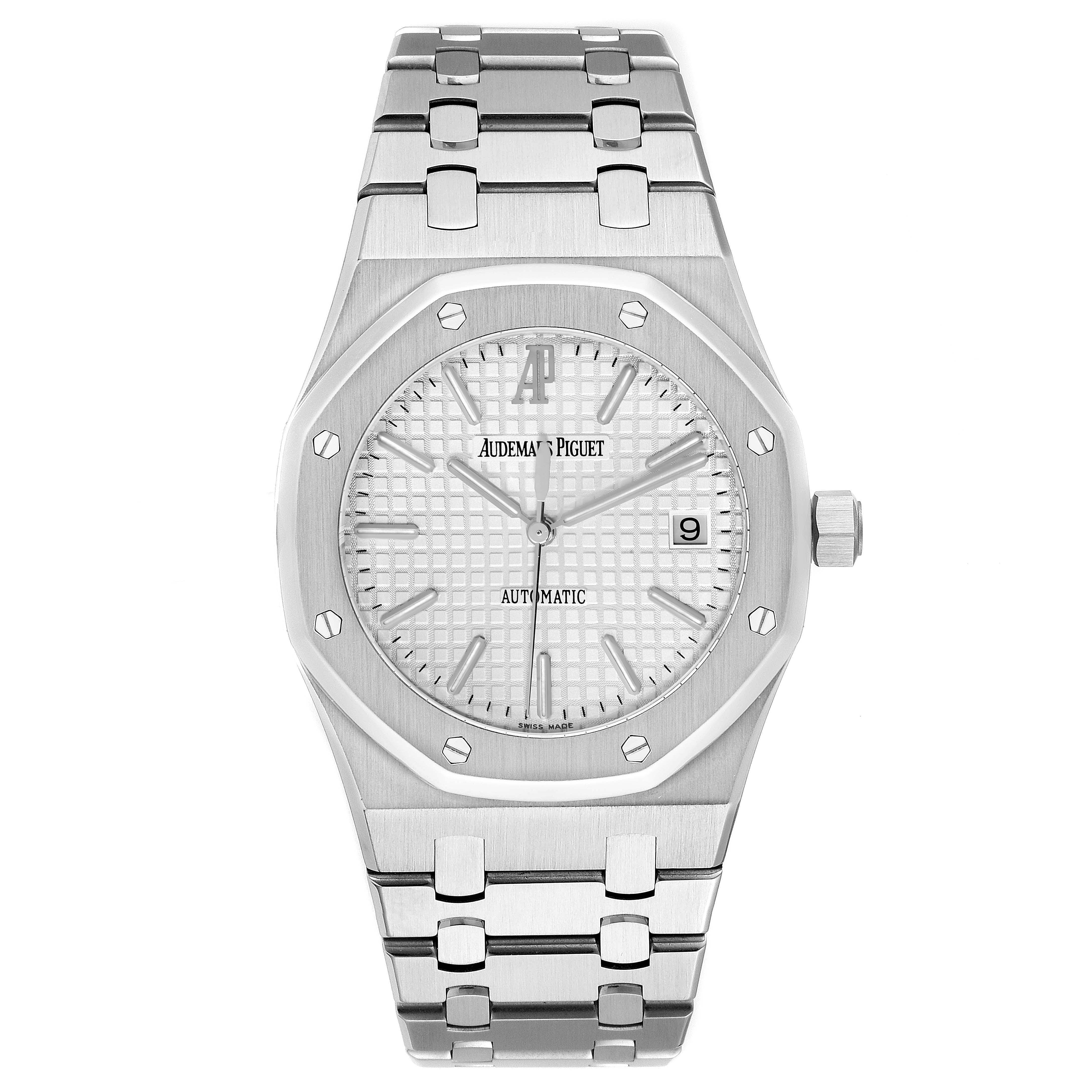 The image shows a front view of an Audemars Piguet Royal Oak 15300ST.OO.1220ST.01 Men's Stainless Steel White Dial 15300ST.OO.1220ST.01 Men's Stainless Steel White Dial watch, displaying the face, bezel, and bracelet.