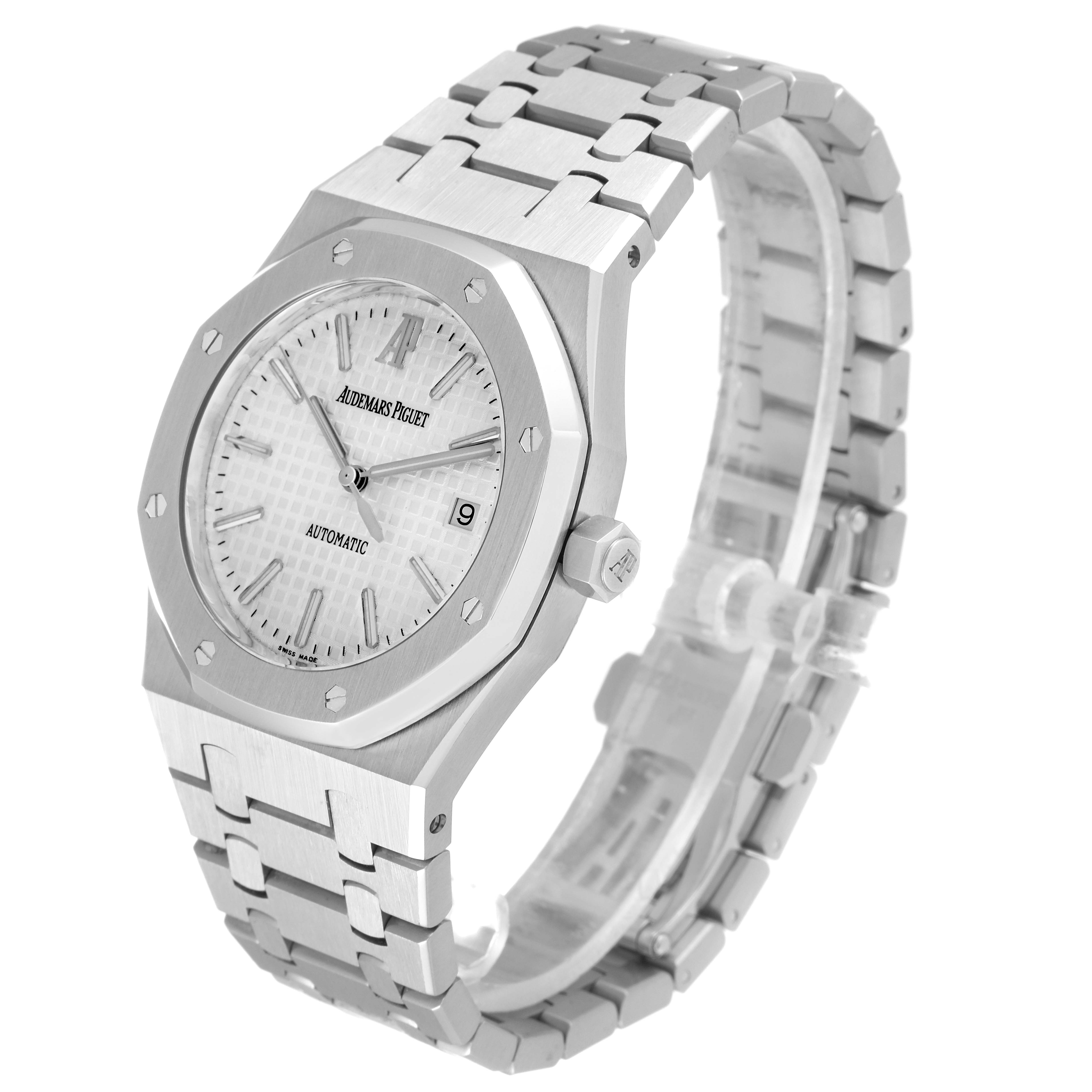 This image shows a Royal Oak model by Audemars Piguet viewed from a slightly angled side, featuring the face, bracelet, and crown.