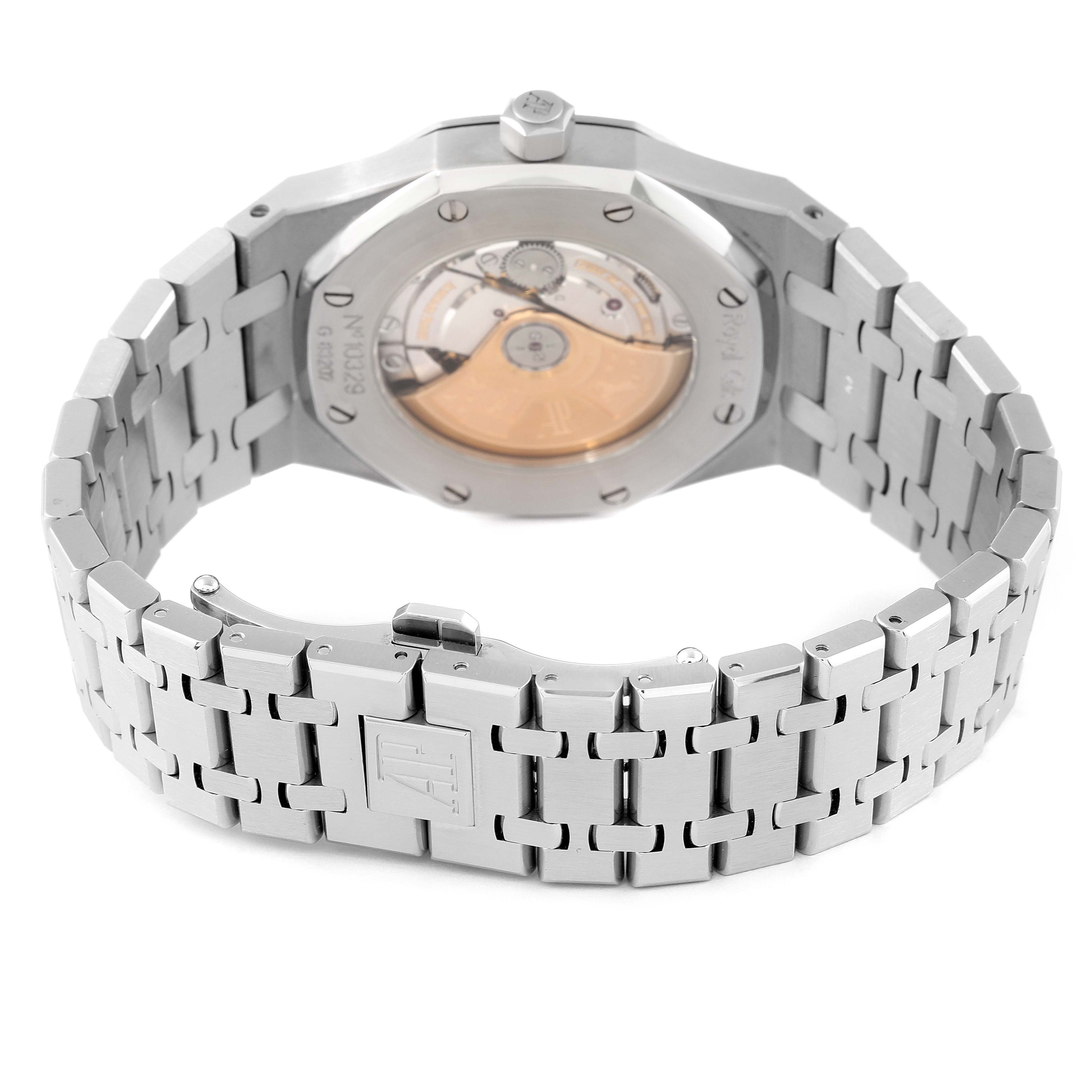 This image shows the back view of the Audemars Piguet Royal Oak 15300ST.OO.1220ST.01 Men's Stainless Steel White Dial 15300ST.OO.1220ST.01 Men's Stainless Steel White Dial watch, highlighting its stainless steel bracelet and the transparent case back.