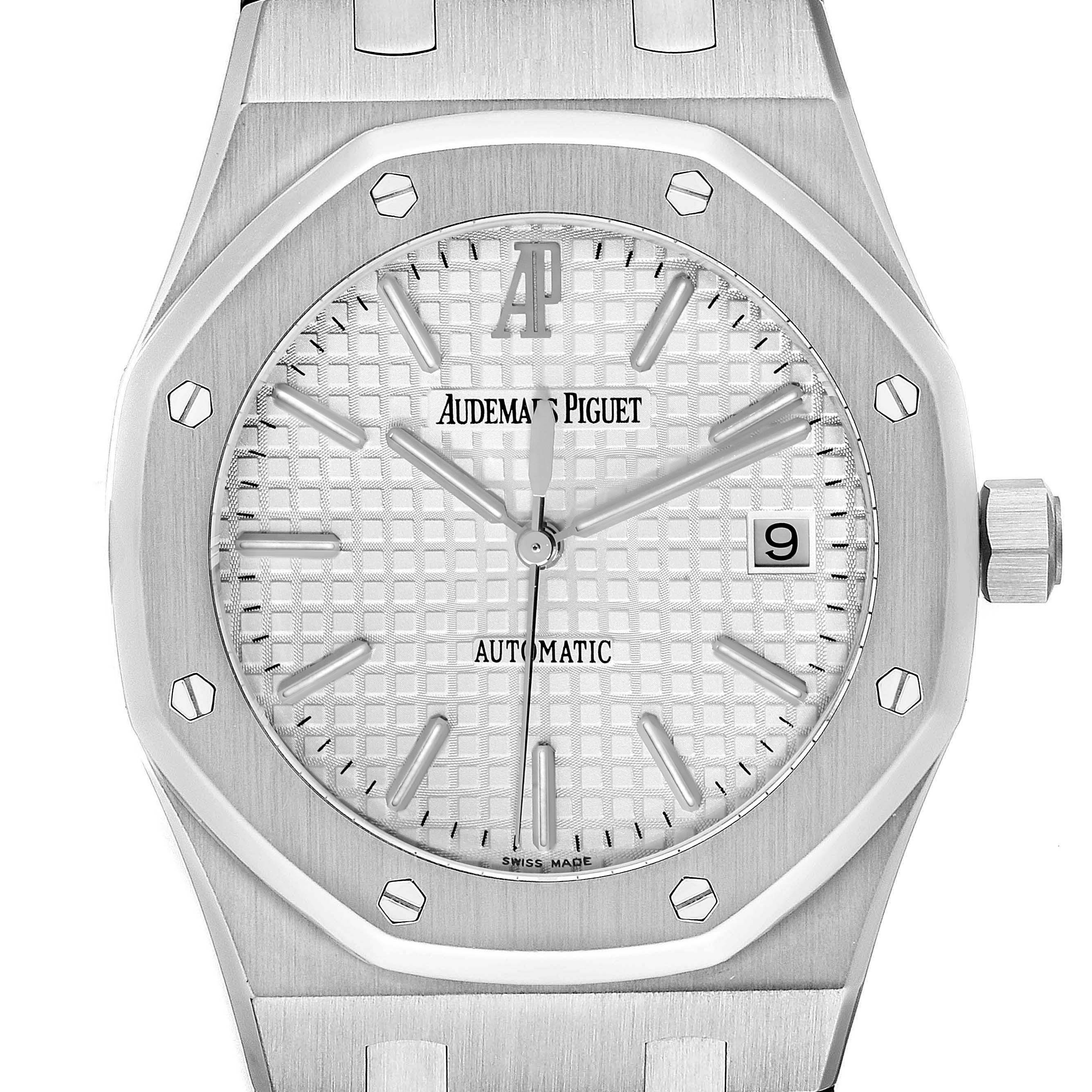 This image shows the front view of an Audemars Piguet Royal Oak 15300ST.OO.1220ST.01 Men's Stainless Steel White Dial 15300ST.OO.1220ST.01 Men's Stainless Steel White Dial watch, highlighting the detailed dial, bezel, and crown.