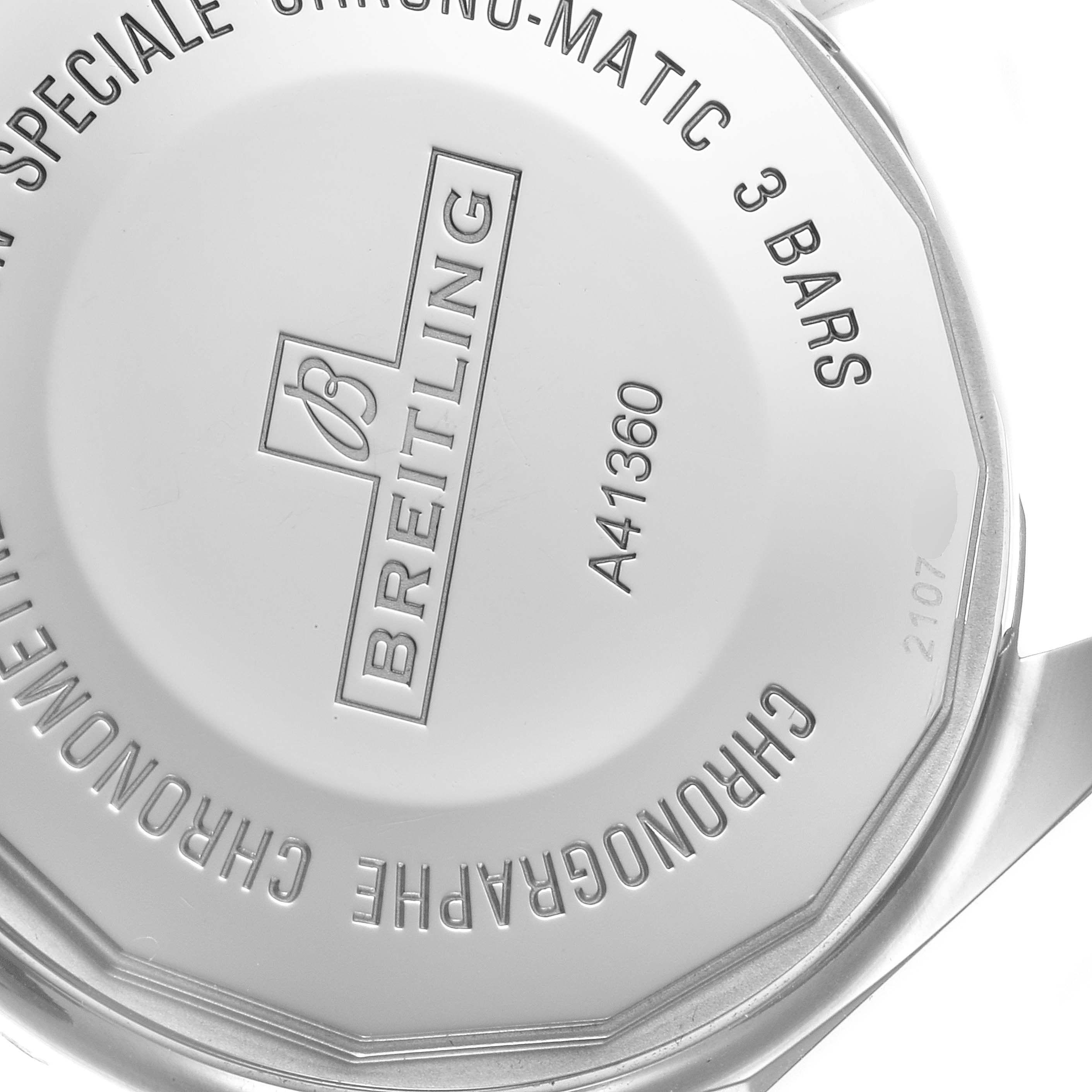 This image shows the back case of a Breitling Chronomatic A41360 Men's Stainless Steel Black Dial A41360 Men's Stainless Steel Black Dial watch, highlighting its branding and model number details.