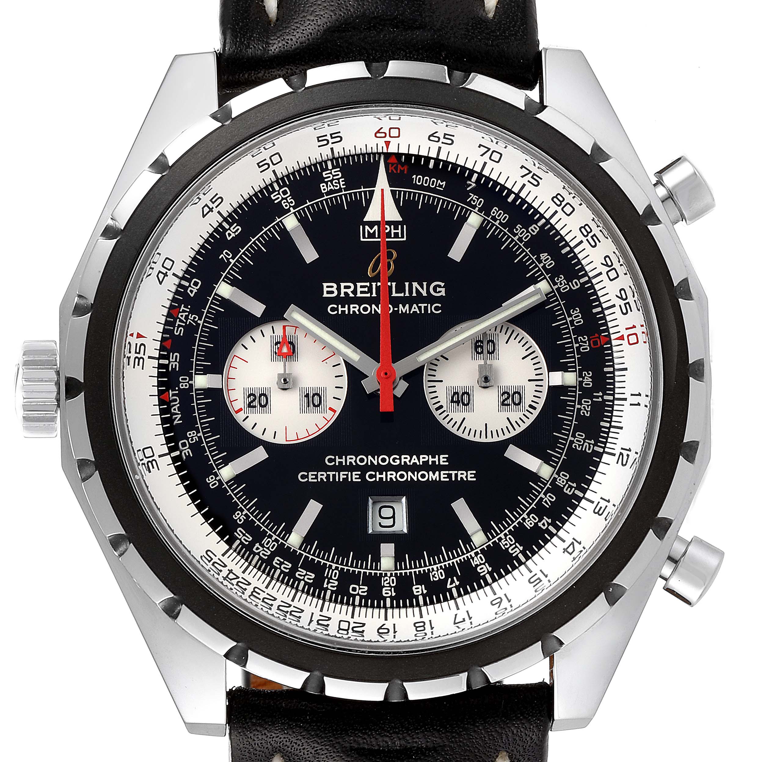 The image shows a front view of the Breitling Chronomatic A41360 Men's Stainless Steel Black Dial A41360 Men's Stainless Steel Black Dial watch, highlighting its dial, subdials, hands, and bezel.