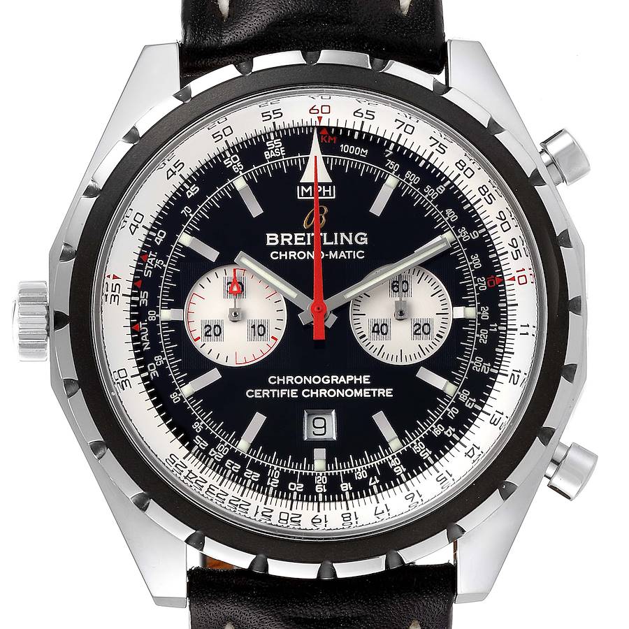 Breitling Chronomatic Left Crown Black Strap Mens Watch A41360 Box Papers SwissWatchExpo