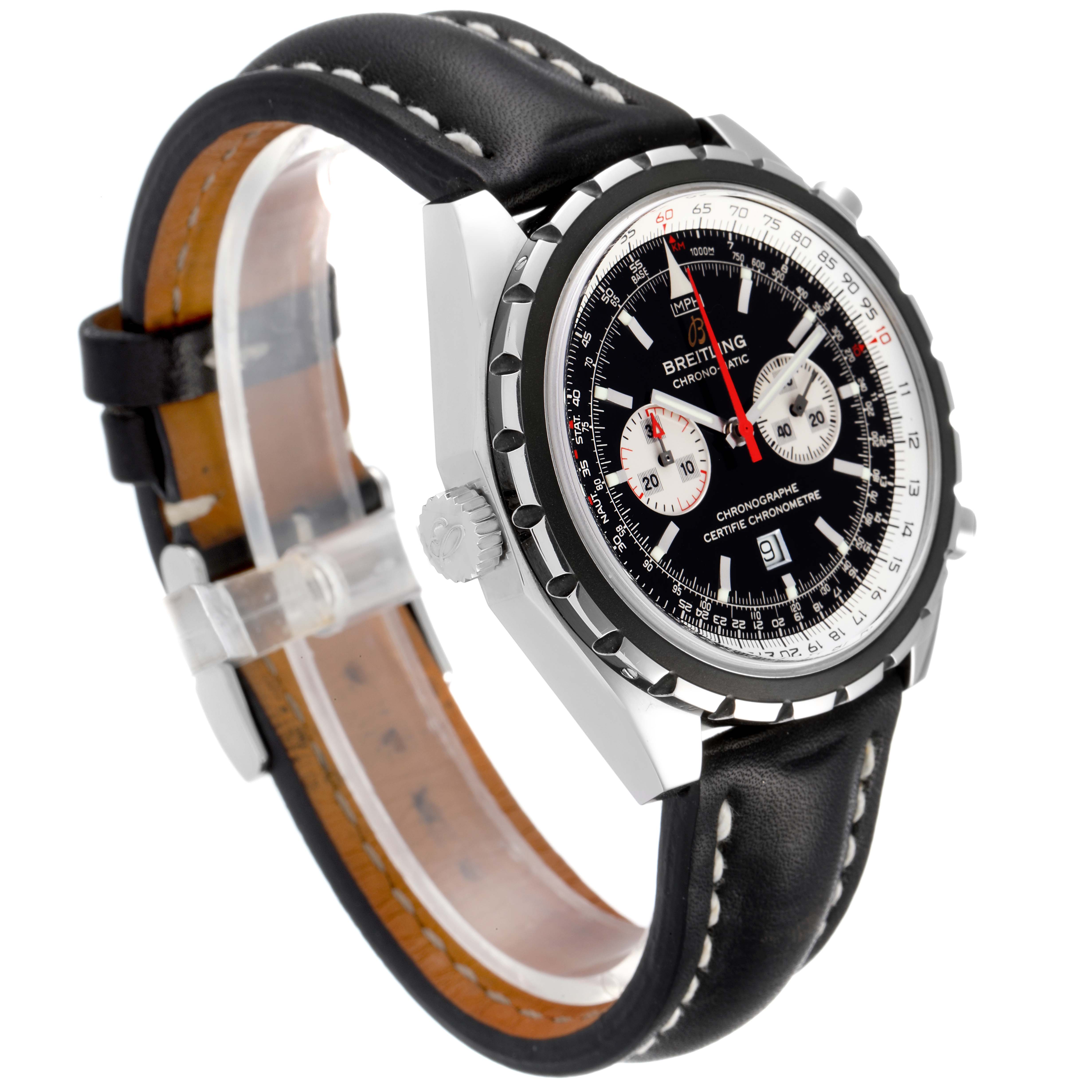 The image shows a Breitling Chronomatic A41360 Men's Stainless Steel Black Dial A41360 Men's Stainless Steel Black Dial watch at an angle emphasizing the black dial, bezel, and leather strap.