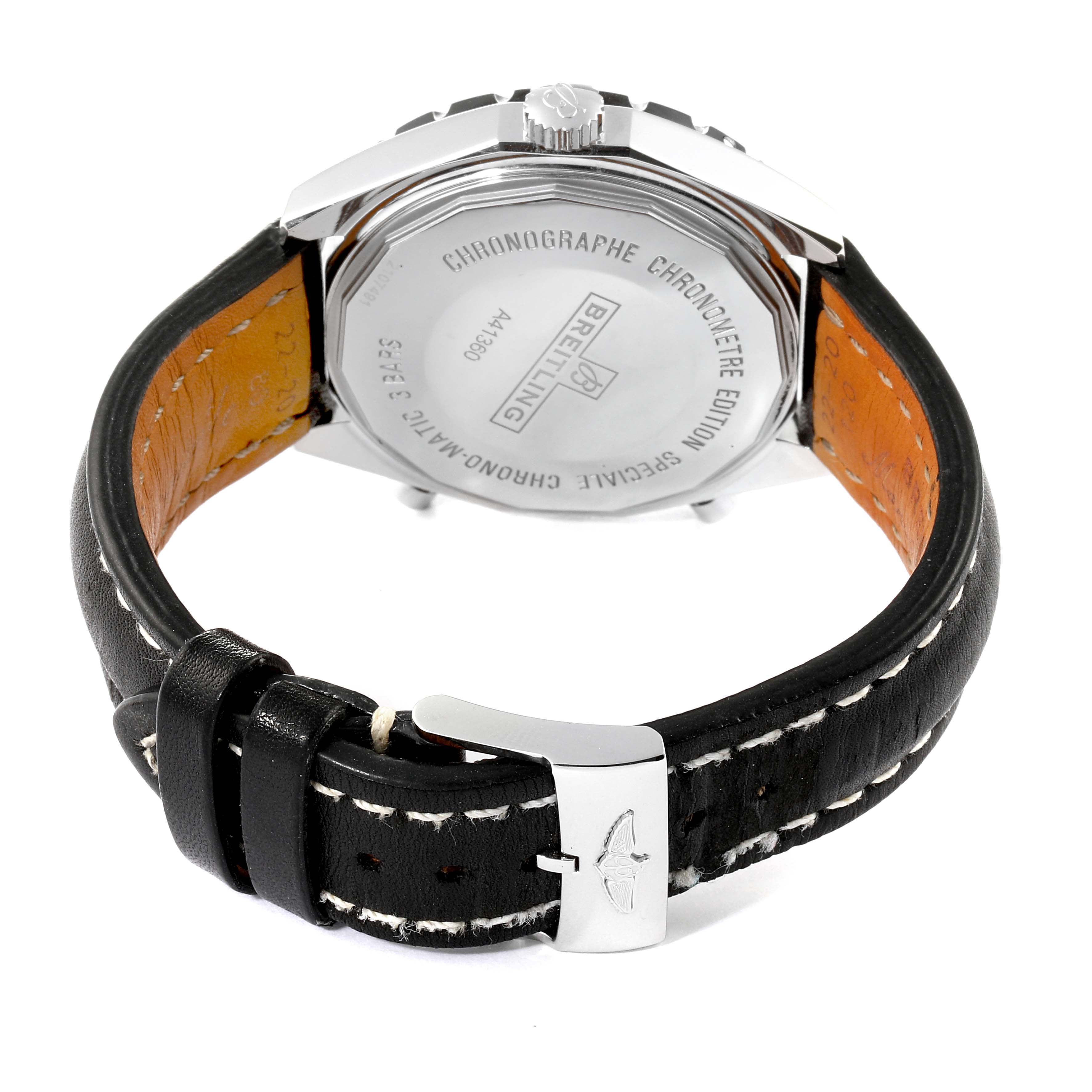 The image shows the back case and leather strap of the Breitling Chronomatic A41360 Men's Stainless Steel Black Dial A41360 Men's Stainless Steel Black Dial model watch, highlighting the back engraving and clasp.