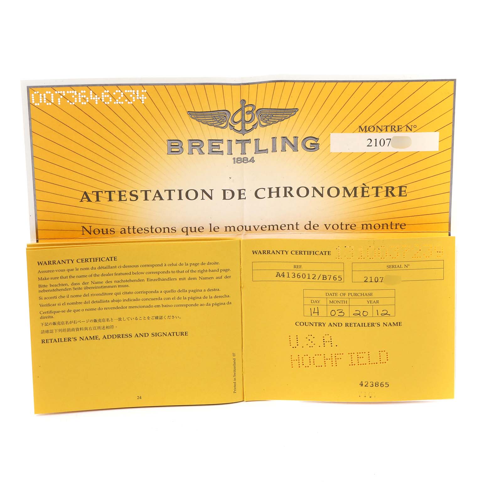 The image shows the warranty certificate and attestation papers for the Breitling Chronomatic A41360 Men's Stainless Steel Black Dial A41360 Men's Stainless Steel Black Dial watch model.