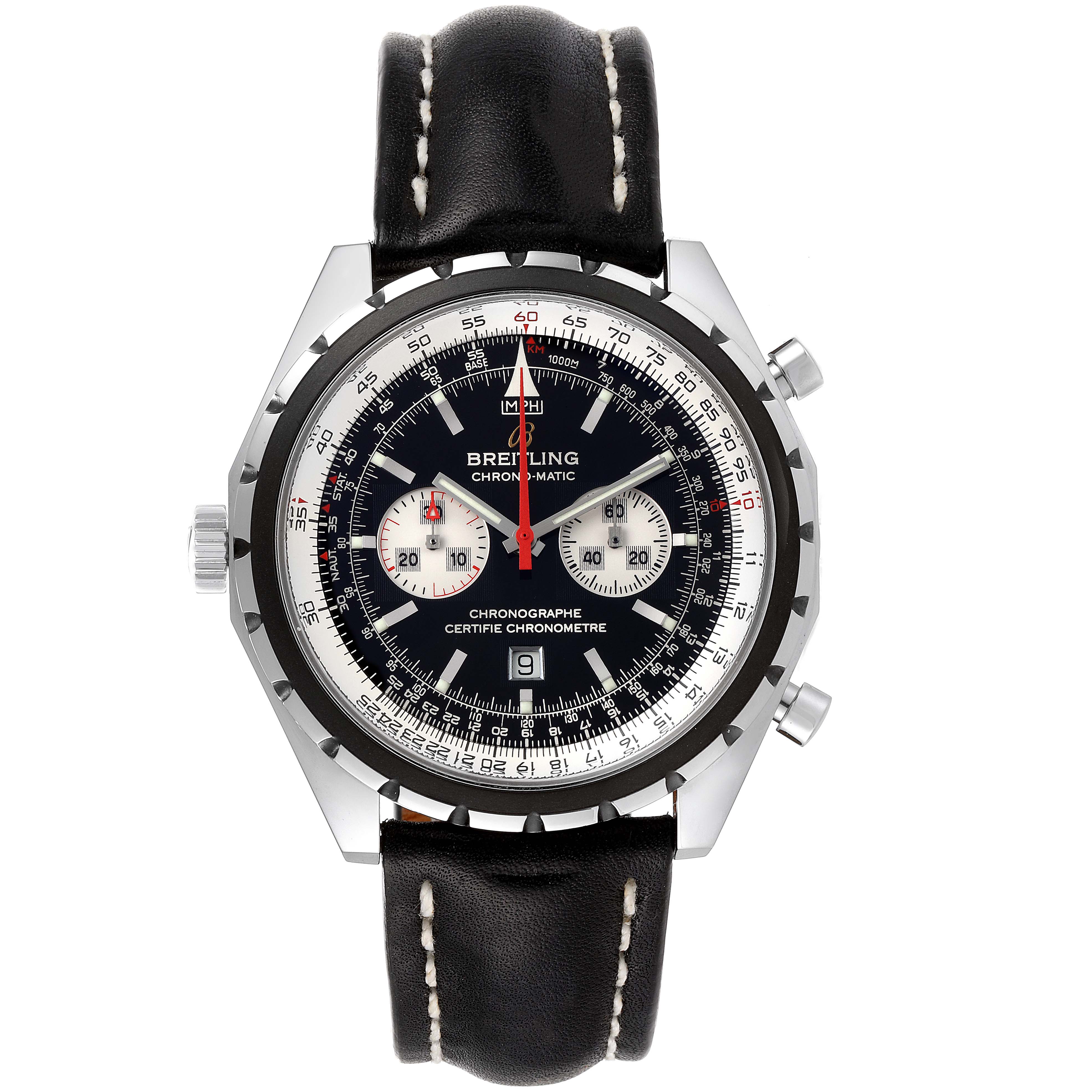 The image shows a front view of a Breitling Chronomatic A41360 Men's Stainless Steel Black Dial A41360 Men's Stainless Steel Black Dial watch, featuring its dial, bezel, and black leather strap.