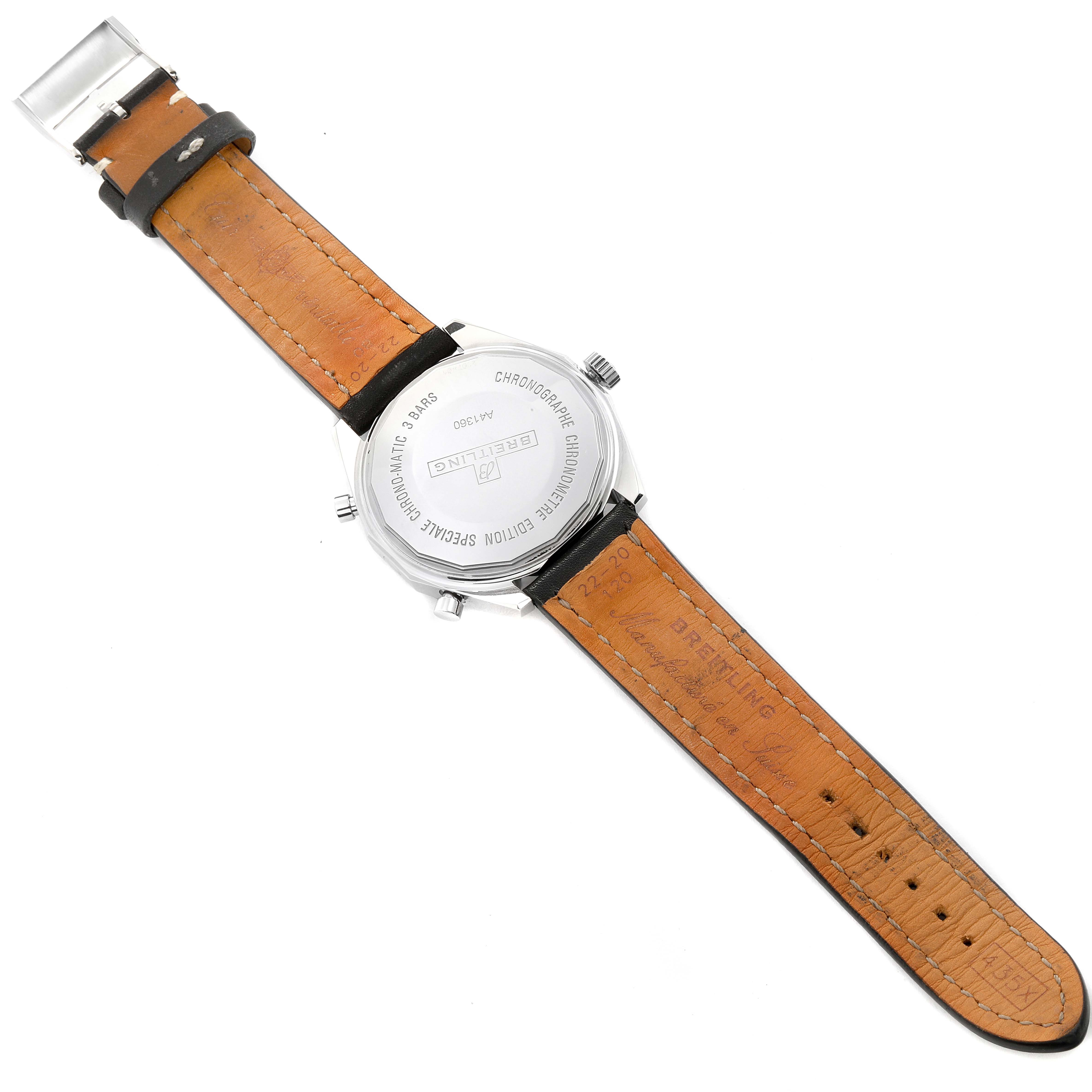 The image shows the back view of a Breitling Chronomatic A41360 Men's Stainless Steel Black Dial A41360 Men's Stainless Steel Black Dial watch, highlighting the case back and leather strap.