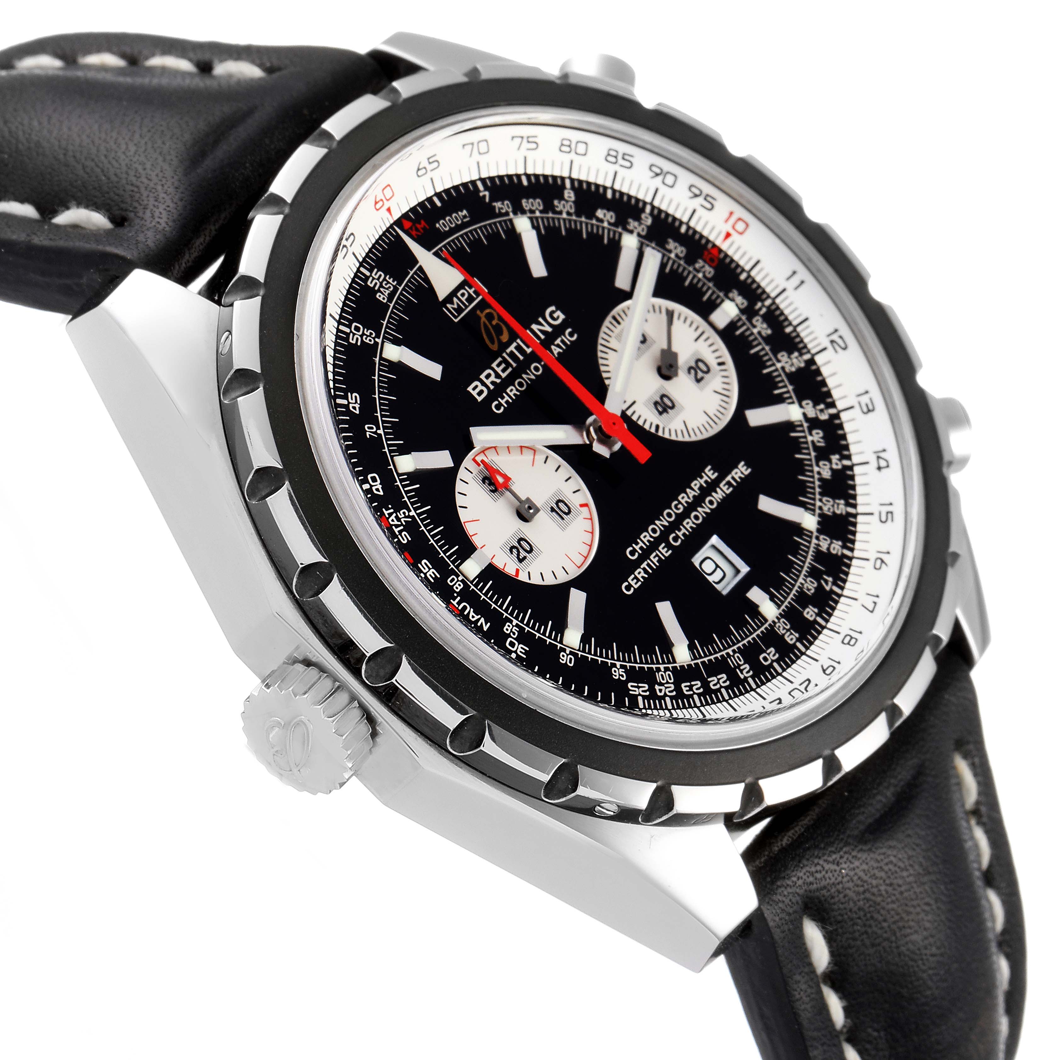 The image shows a Breitling Chronomatic A41360 Men's Stainless Steel Black Dial A41360 Men's Stainless Steel Black Dial watch at an angled side view, detailing the dial, bezel, and part of the leather strap.