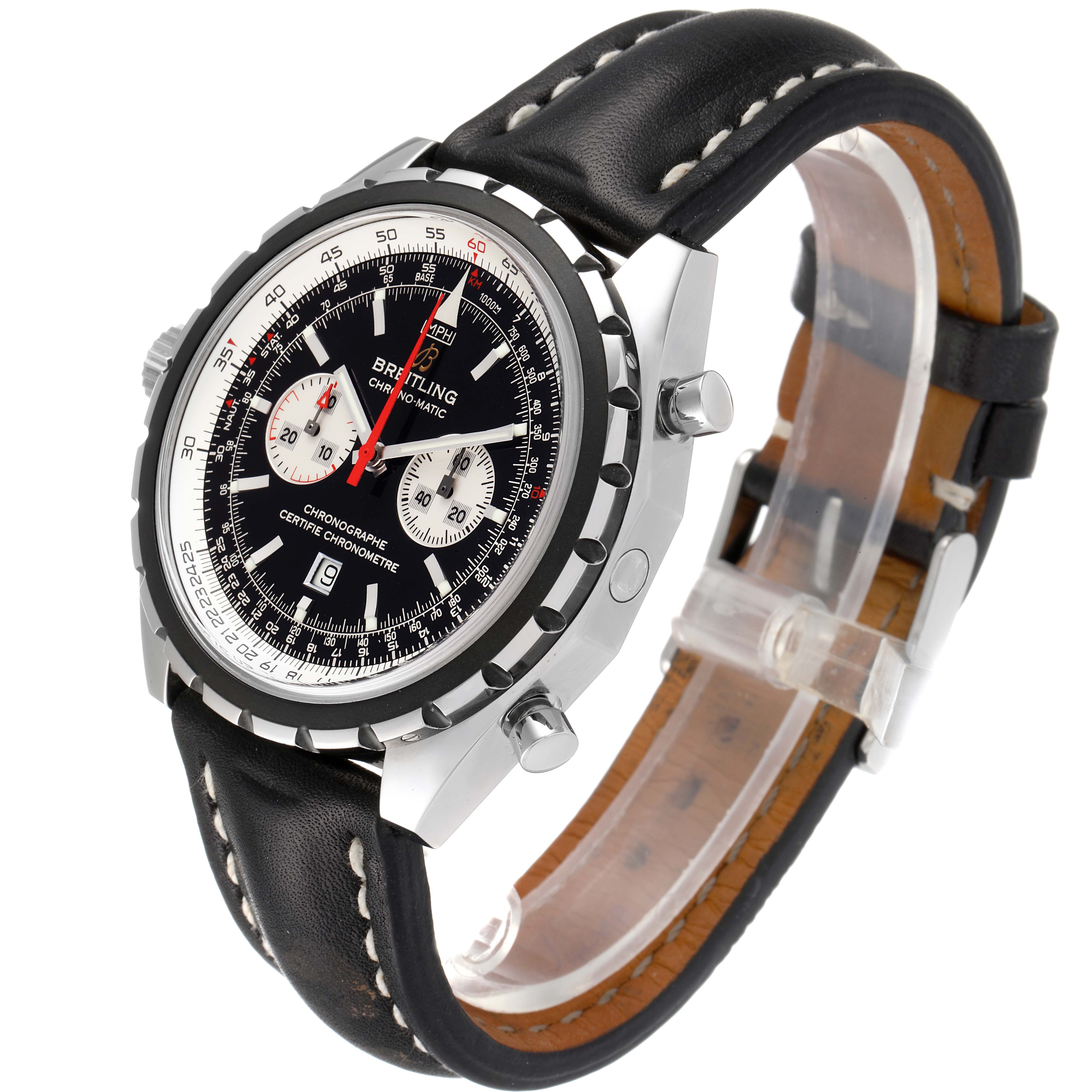 The image shows a side angle of the Breitling Chronomatic A41360 Men's Stainless Steel Black Dial A41360 Men's Stainless Steel Black Dial watch, displaying the face, bezel, and leather strap.