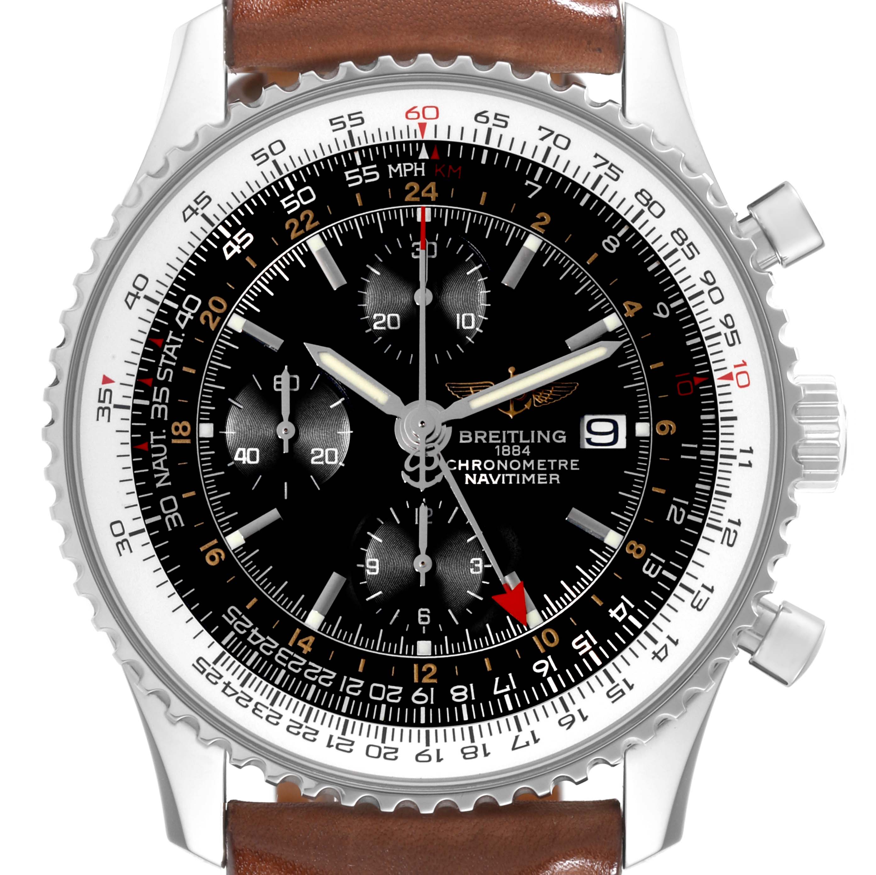 The image shows a frontal view of the Breitling Navitimer A24322 Men
s Stainless Steel Black Dial A24322 Men
s Stainless Steel Black Dial watch, showcasing the dial, subdials, and brown leather strap.