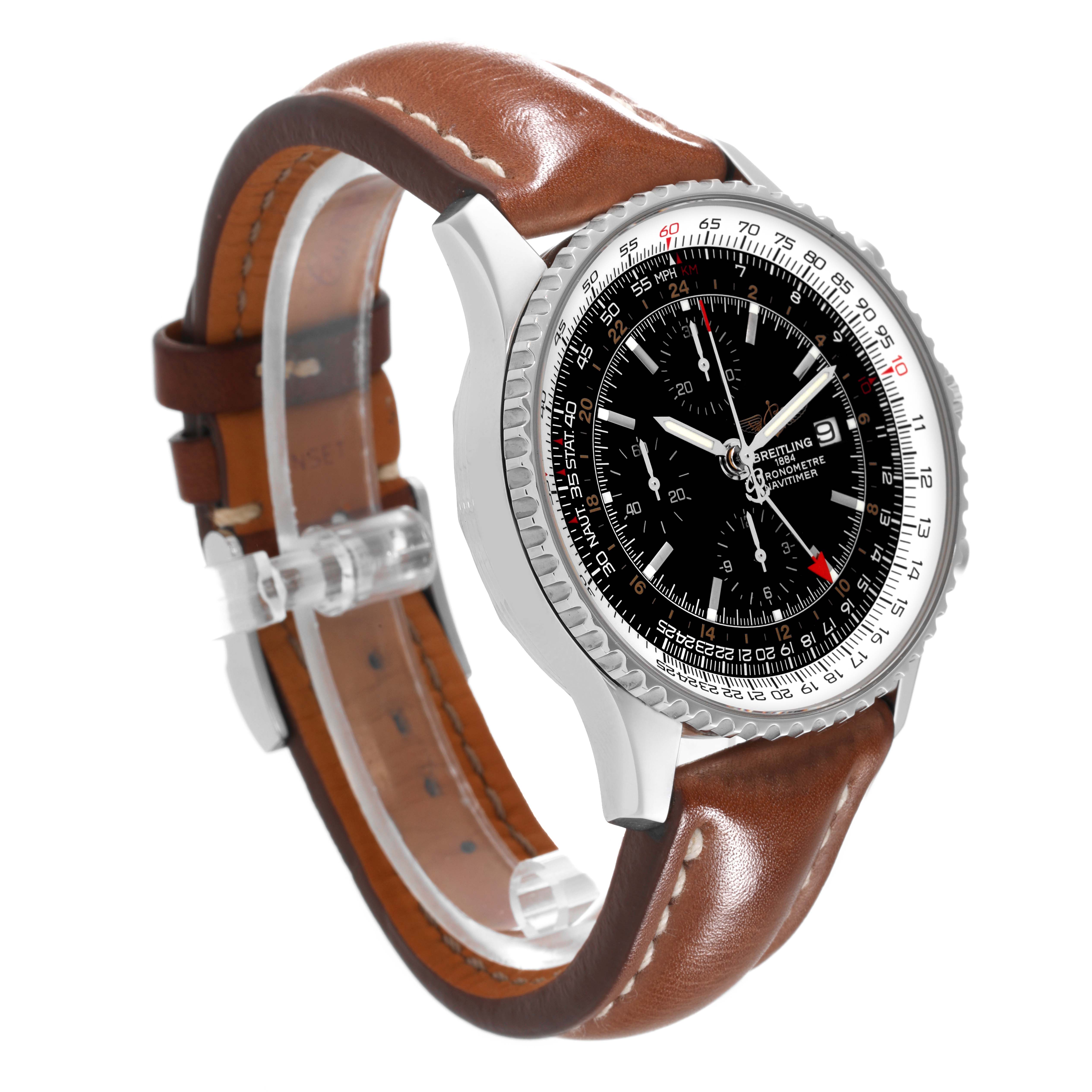 The image shows a side angle of a Breitling Navitimer A24322 Men
s Stainless Steel Black Dial A24322 Men
s Stainless Steel Black Dial watch with a black dial and a brown leather strap.