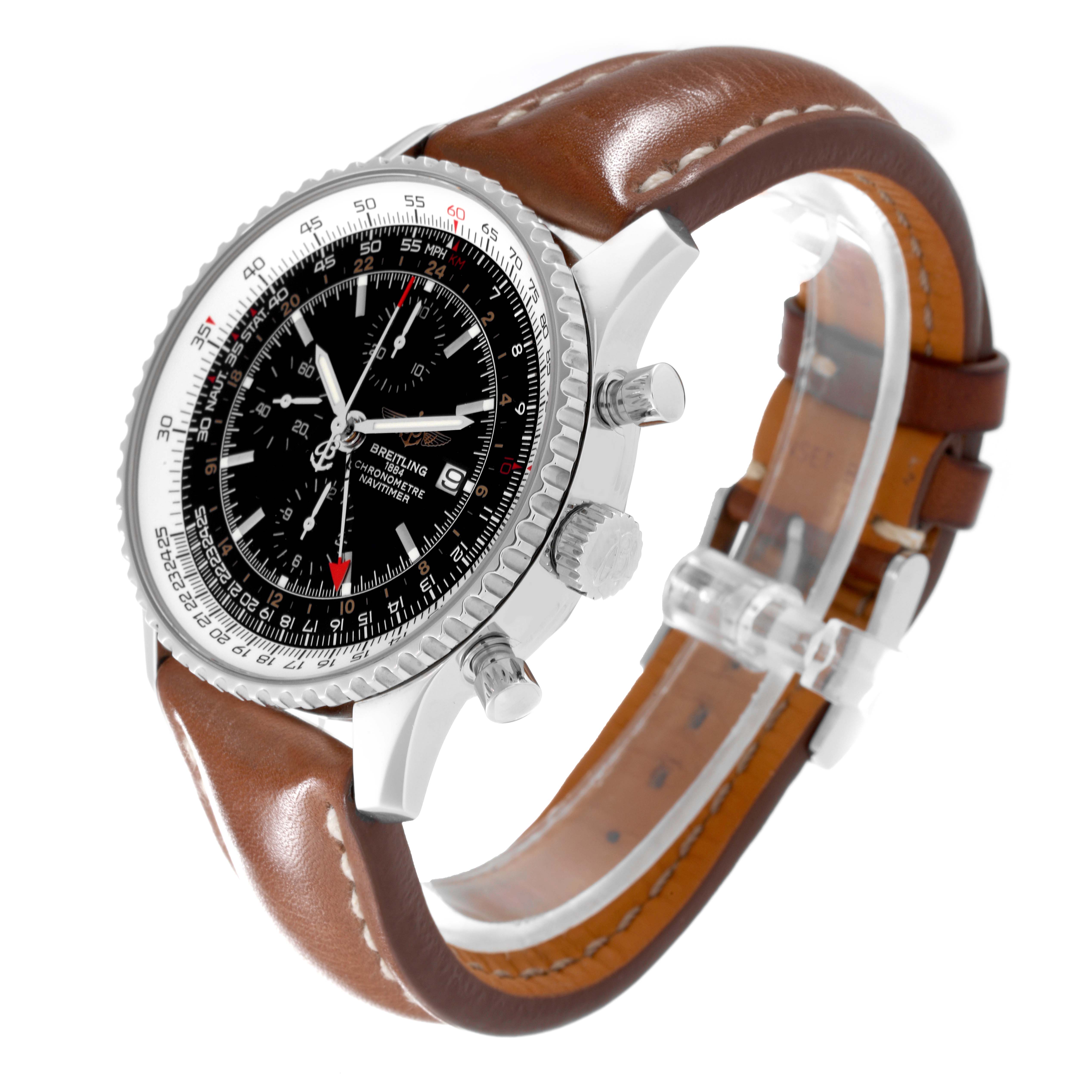 The Breitling Navitimer A24322 Men
s Stainless Steel Black Dial A24322 Men
s Stainless Steel Black Dial watch is shown at a slight side angle, highlighting its black dial, bezel, crown, and brown leather strap.