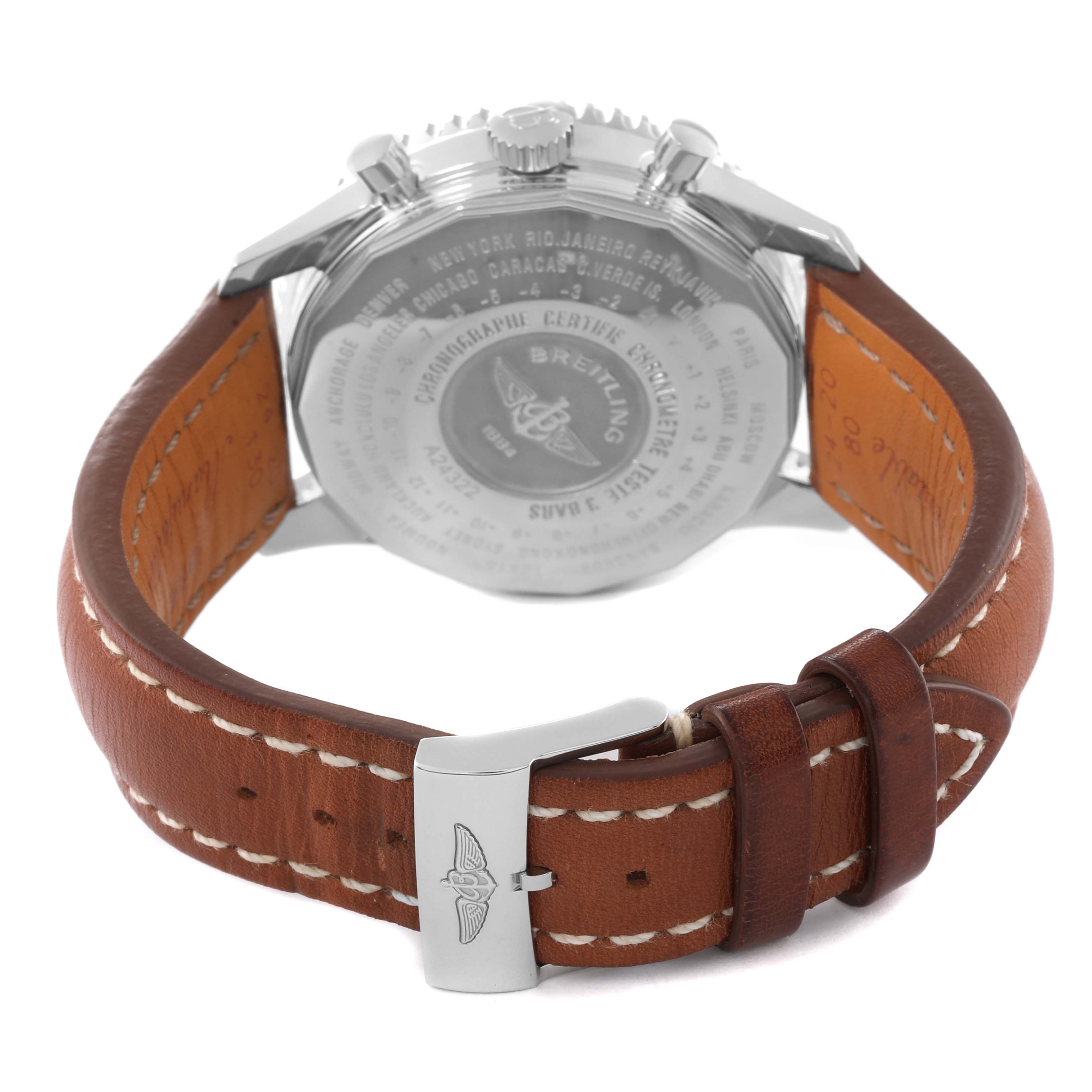 The image shows the rear view of a Breitling Navitimer A24322 Men
s Stainless Steel Black Dial A24322 Men
s Stainless Steel Black Dial watch, highlighting the back case and brown leather strap with buckle.