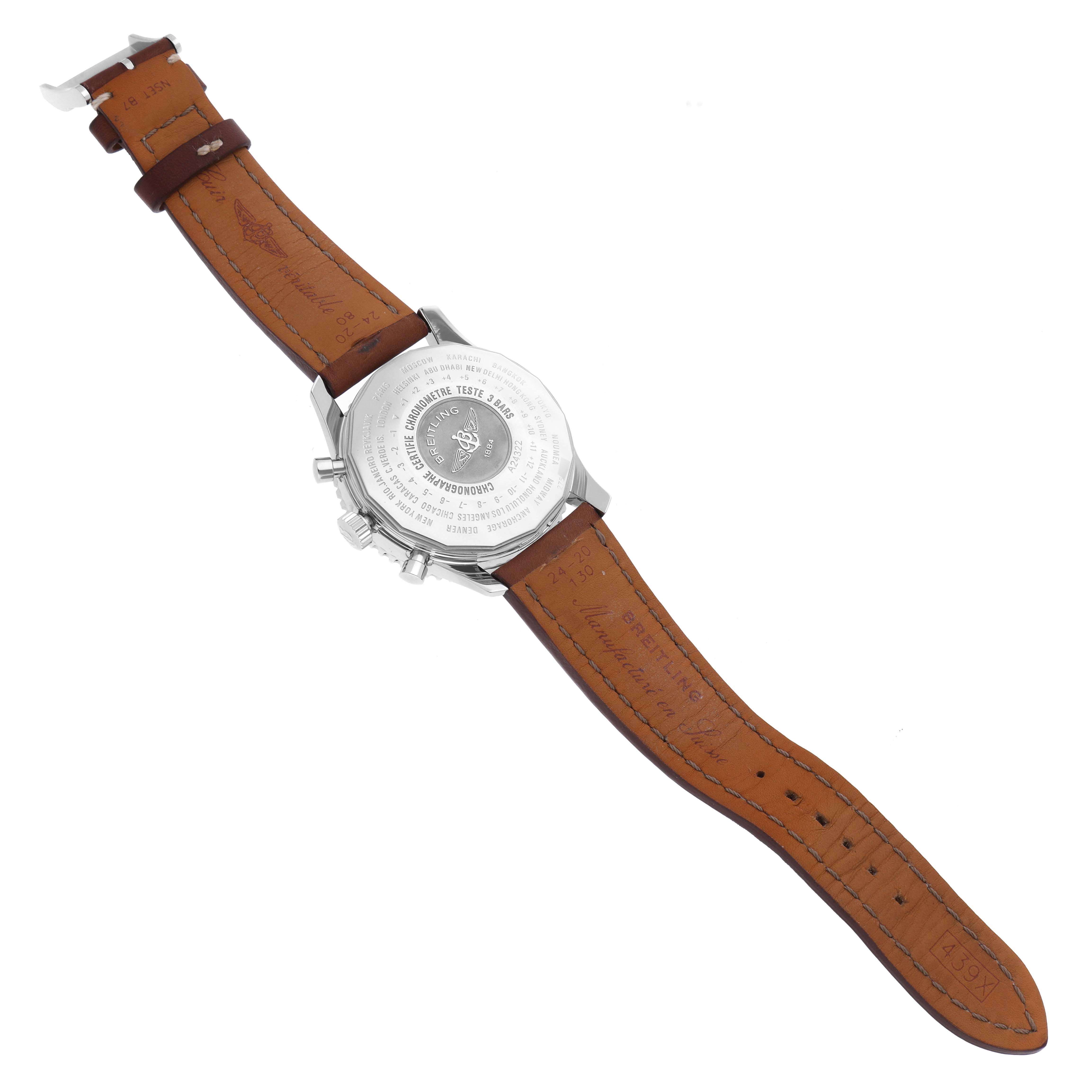 The image shows the back view of a Breitling Navitimer A24322 Men
s Stainless Steel Black Dial A24322 Men
s Stainless Steel Black Dial watch with its leather strap fully extended.