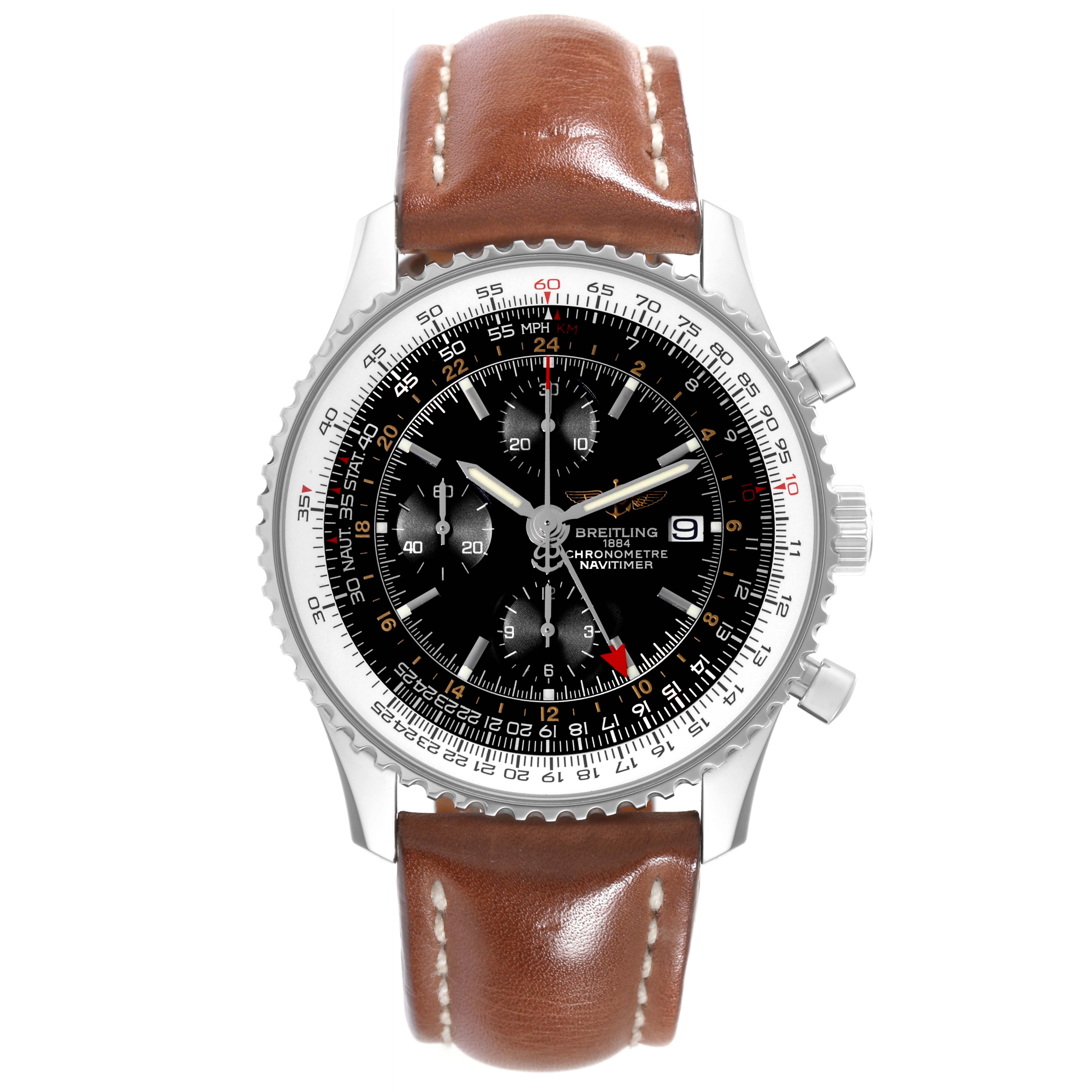 This Breitling Navitimer A24322 Men
s Stainless Steel Black Dial A24322 Men
s Stainless Steel Black Dial watch is shown from a front angle, displaying its black dial, chronograph sub-dials, and brown leather strap.