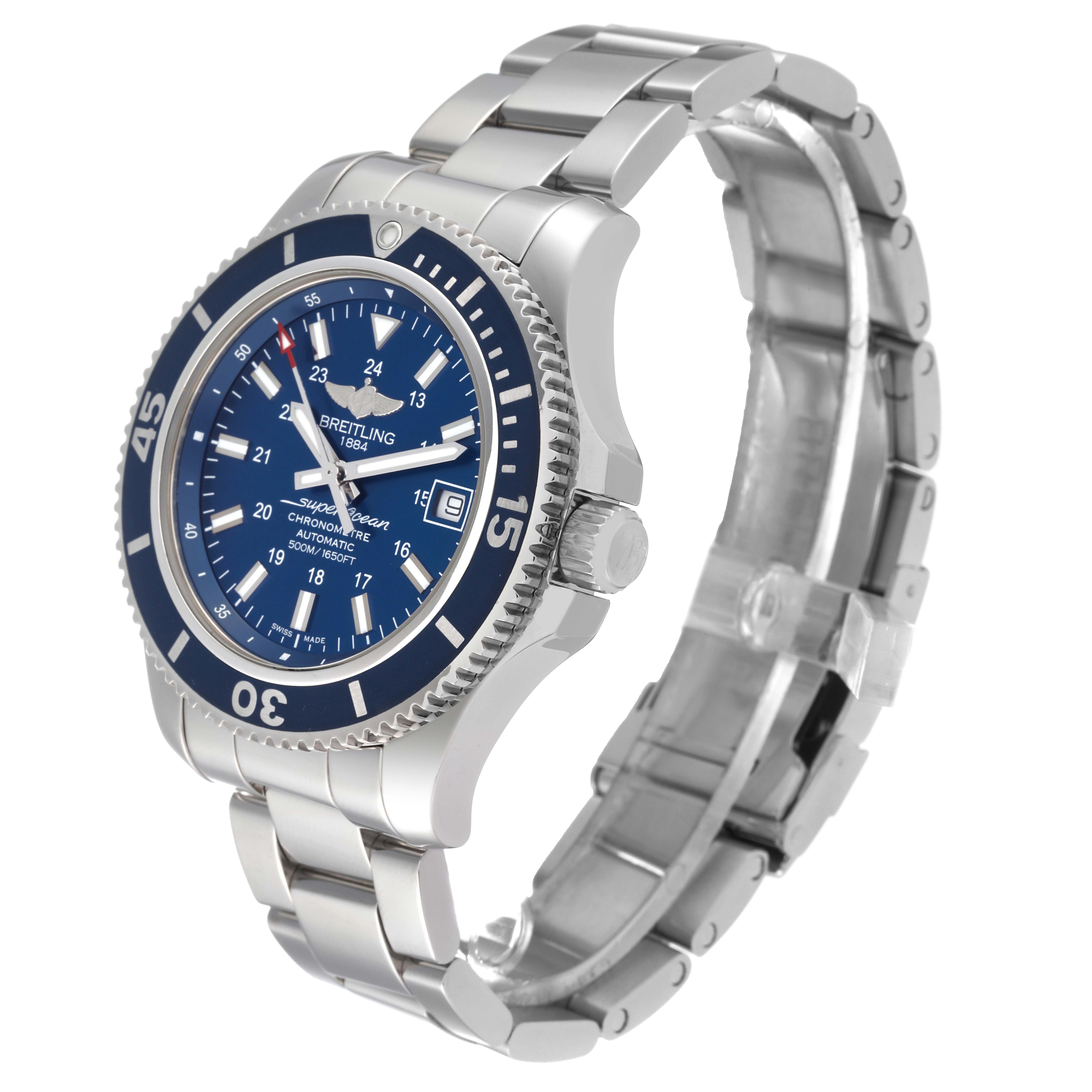 The image shows a Breitling Superocean A17365 Men's Stainless Steel Blue Dial A17365 Men's Stainless Steel Blue Dial watch at a three-quarter angle, highlighting the face, bezel, case, crown, and bracelet.