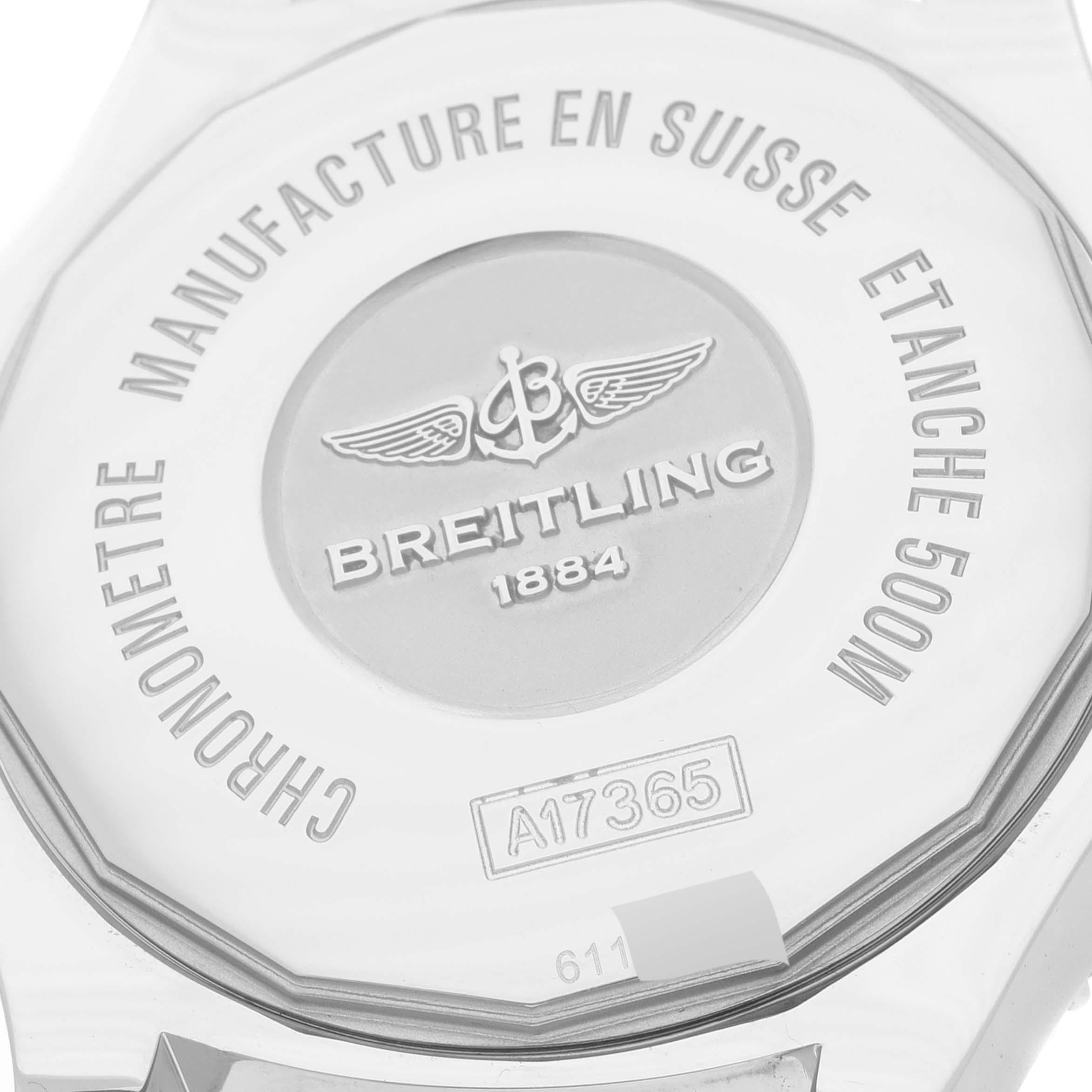 The image shows the back case of a Breitling Superocean A17365 Men's Stainless Steel Blue Dial A17365 Men's Stainless Steel Blue Dial watch with engravings and the model number.