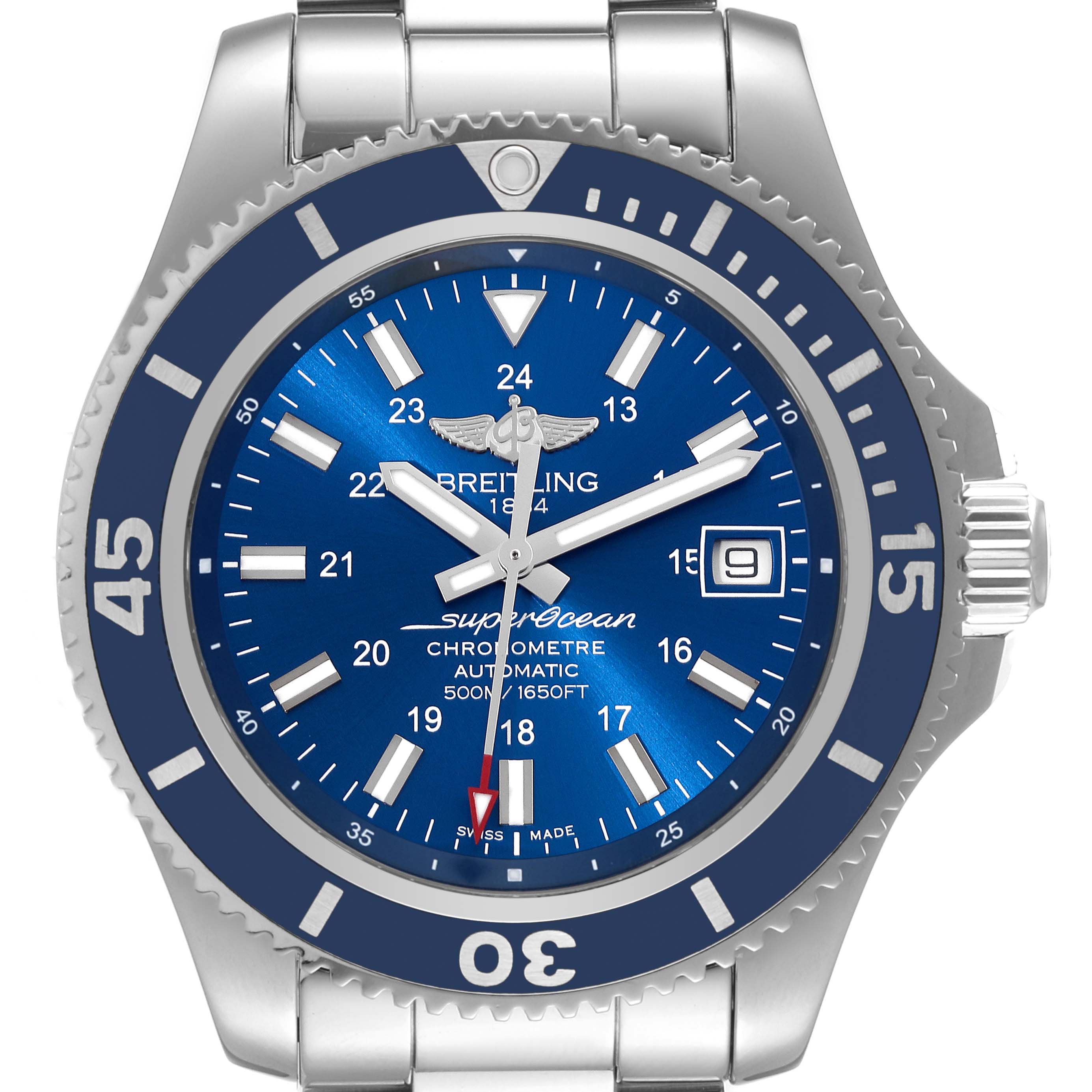 The image shows a front view of a Breitling Superocean A17365 Men's Stainless Steel Blue Dial A17365 Men's Stainless Steel Blue Dial watch, focusing on the dial, bezel, and part of the bracelet.