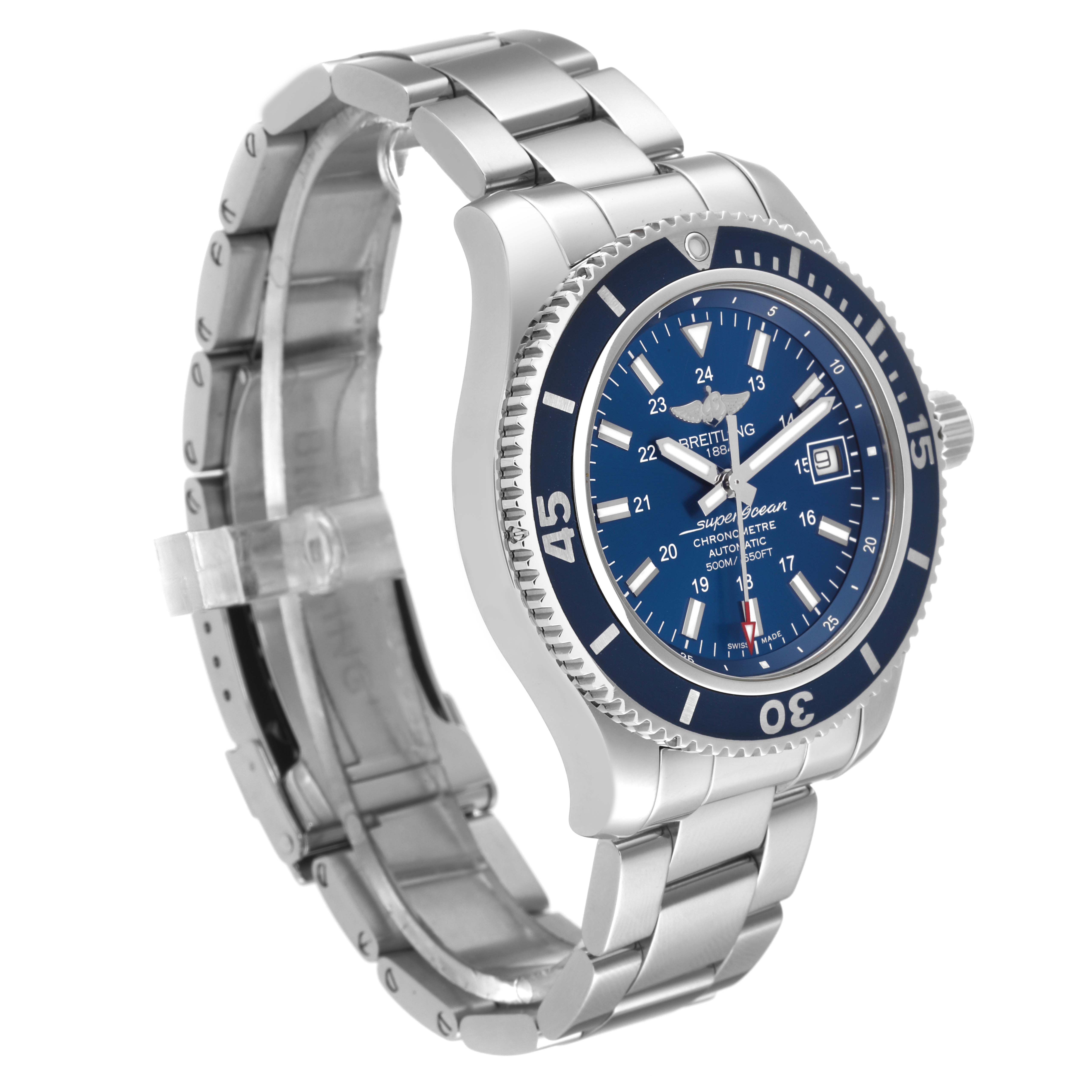 The Breitling Superocean A17365 Men's Stainless Steel Blue Dial A17365 Men's Stainless Steel Blue Dial watch is shown at an angle displaying its face, bezel, and metal bracelet.