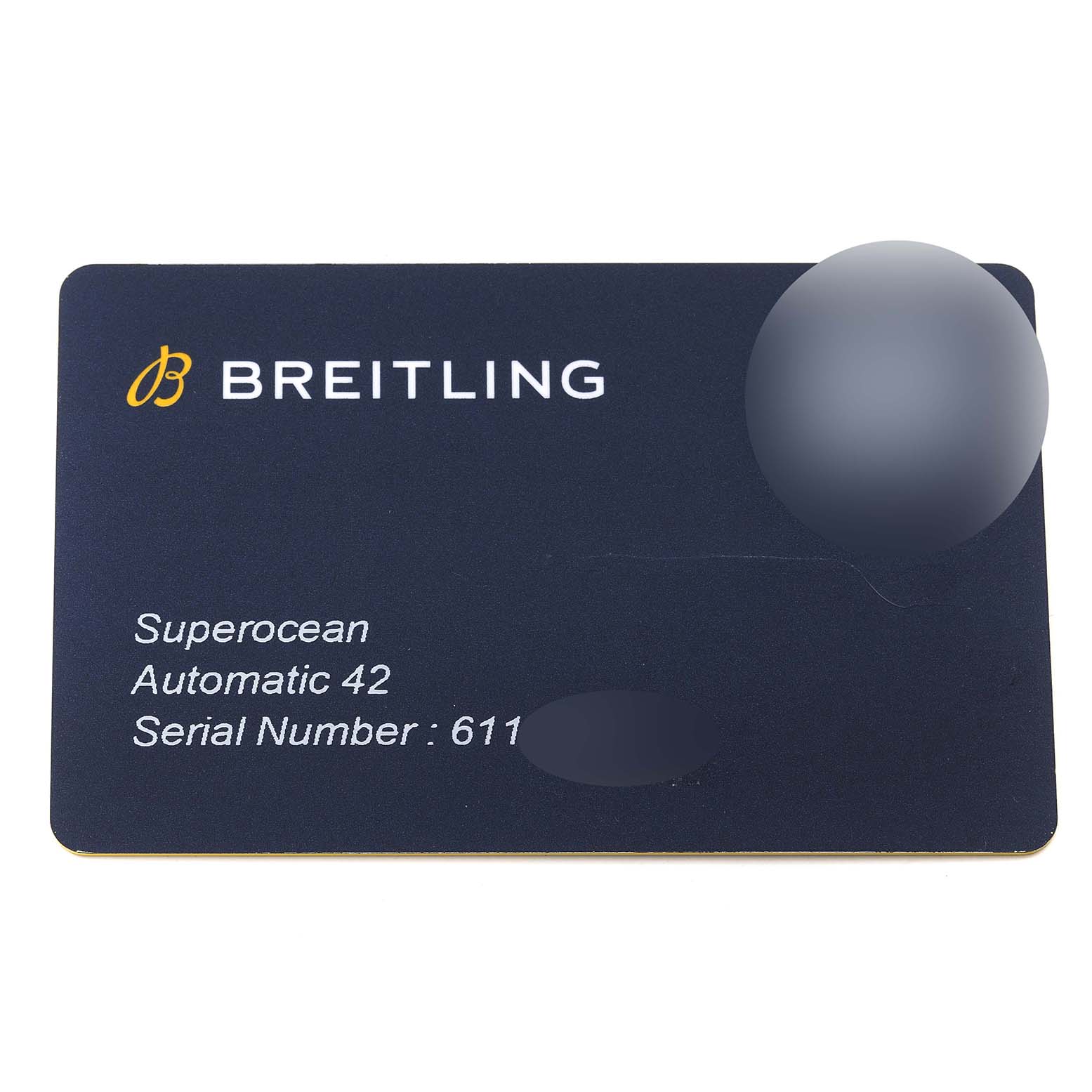 This image shows a warranty card for the Breitling Superocean A17365 Men's Stainless Steel Blue Dial A17365 Men's Stainless Steel Blue Dial Automatic 42 watch.