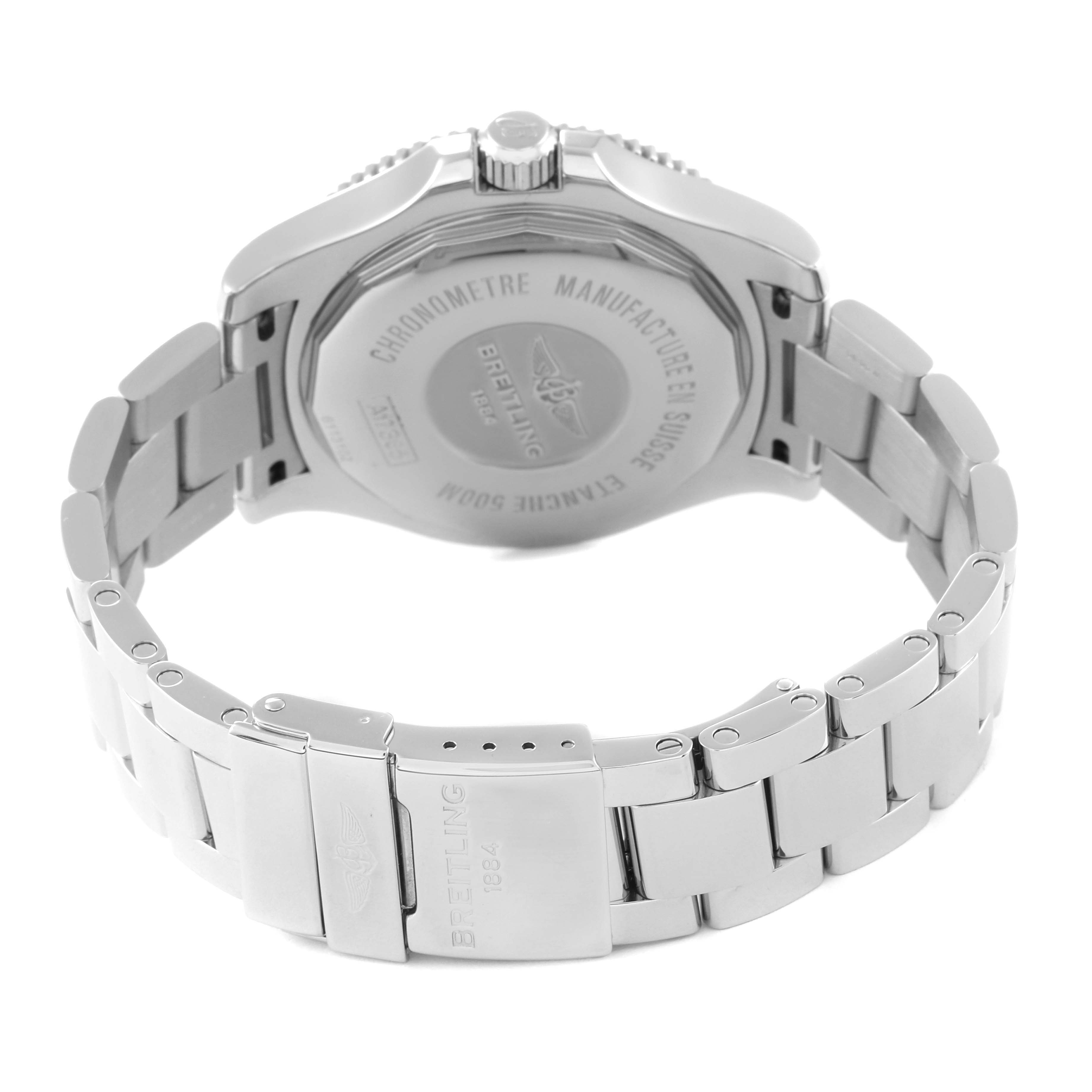 The image shows the case back and bracelet of a Breitling Superocean A17365 Men's Stainless Steel Blue Dial A17365 Men's Stainless Steel Blue Dial watch from a rear angle.