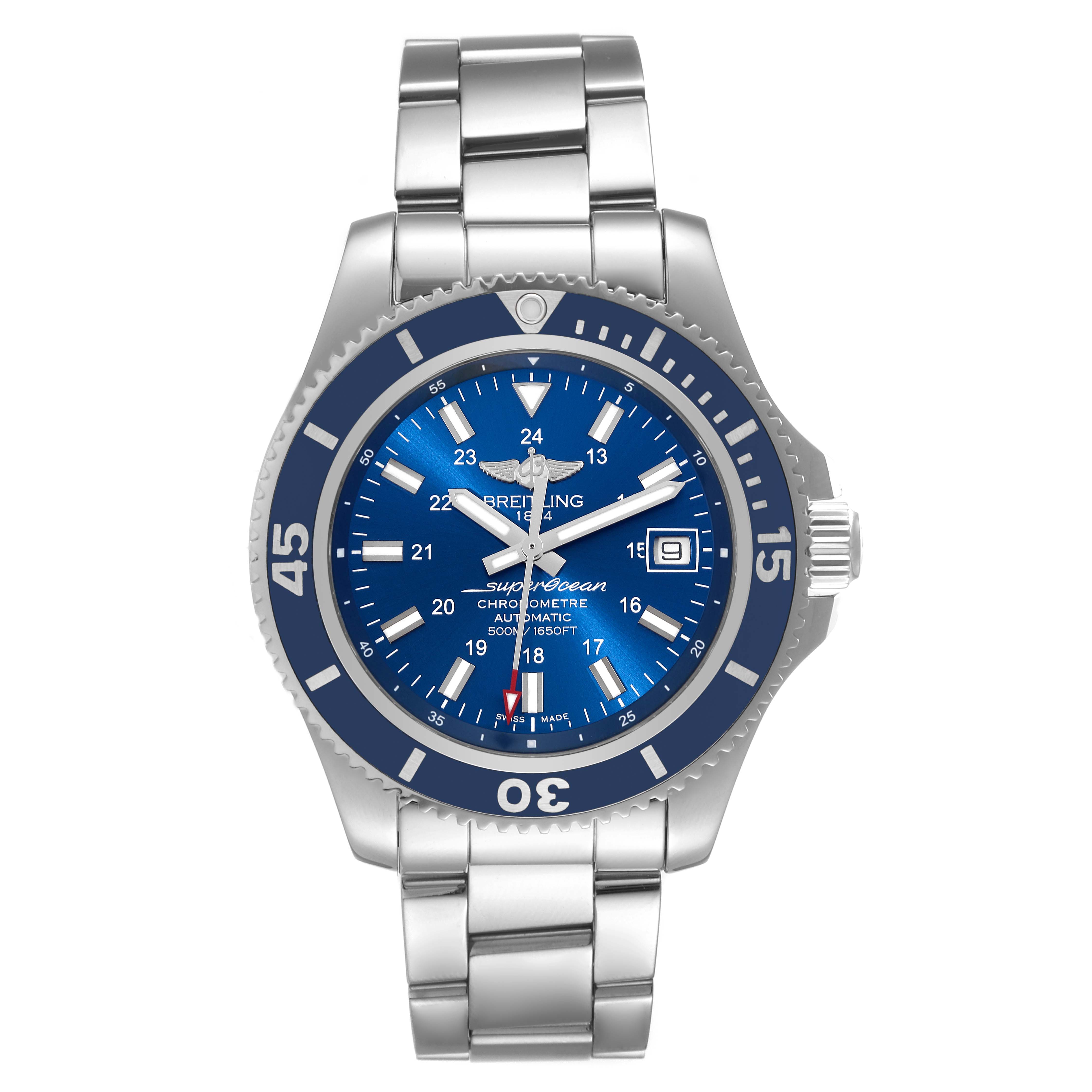 The image shows a frontal view of the Breitling Superocean A17365 Men's Stainless Steel Blue Dial A17365 Men's Stainless Steel Blue Dial watch with a blue dial and stainless steel bracelet.