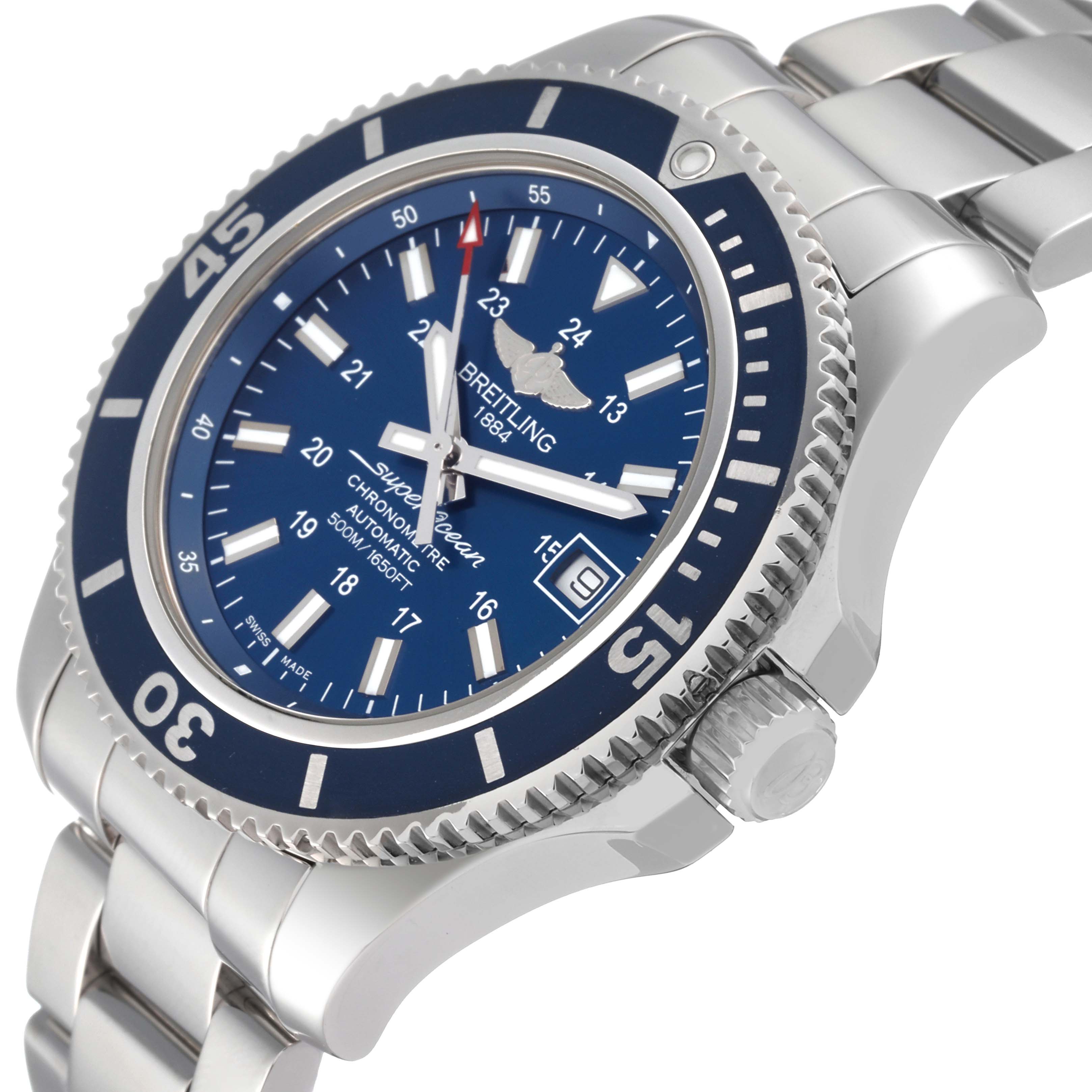 The Breitling Superocean A17365 Men's Stainless Steel Blue Dial A17365 Men's Stainless Steel Blue Dial watch is shown at a slight angle, displaying its bezel, dial, crown, and part of the bracelet.