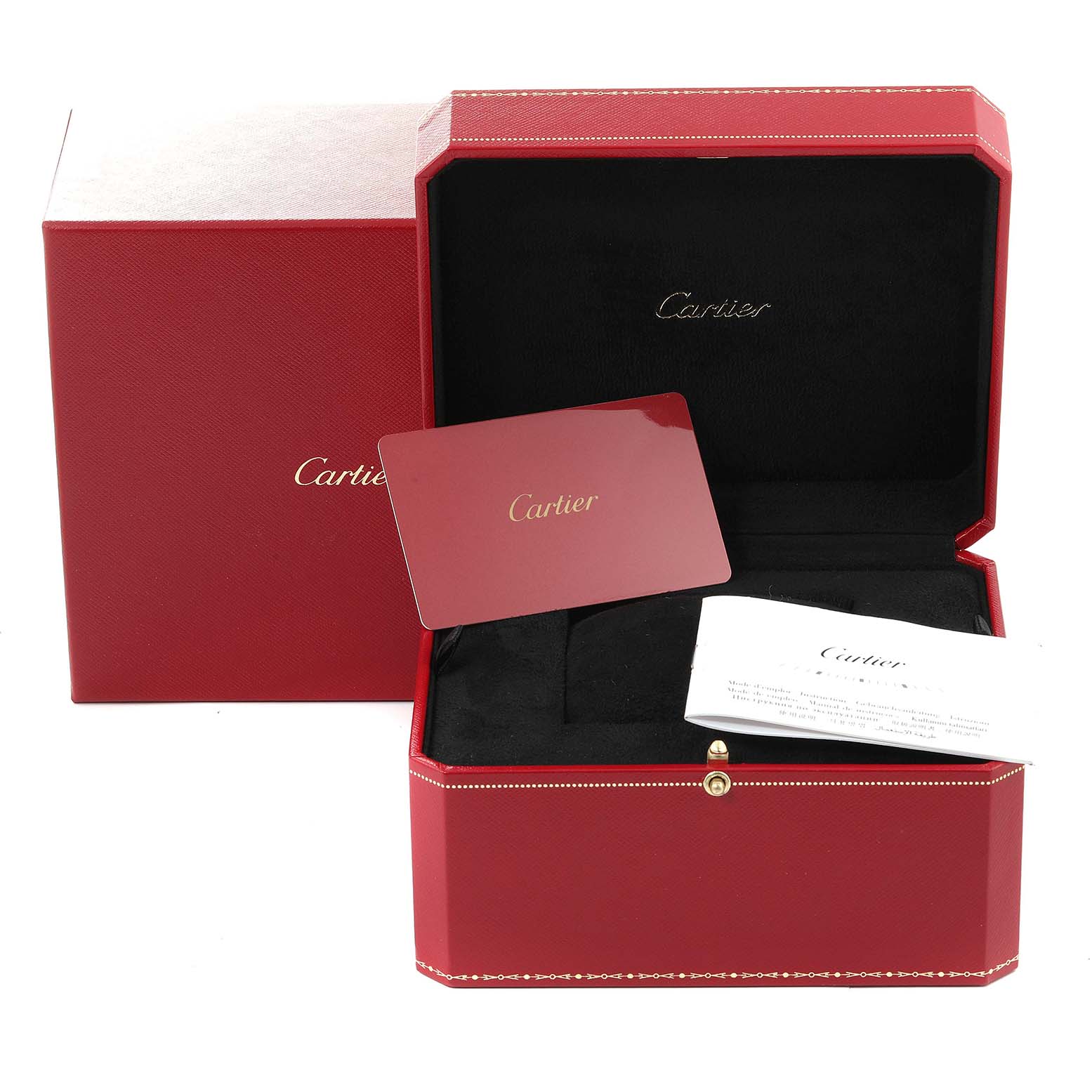 The image shows the Cartier Ballon Bleu WE902079 Women's Steel and Gold (two tone) Silver Dial WE902079 Women's Steel and Gold (two tone) Silver Dial watch box set, including a red carton box, cushion, and documents.