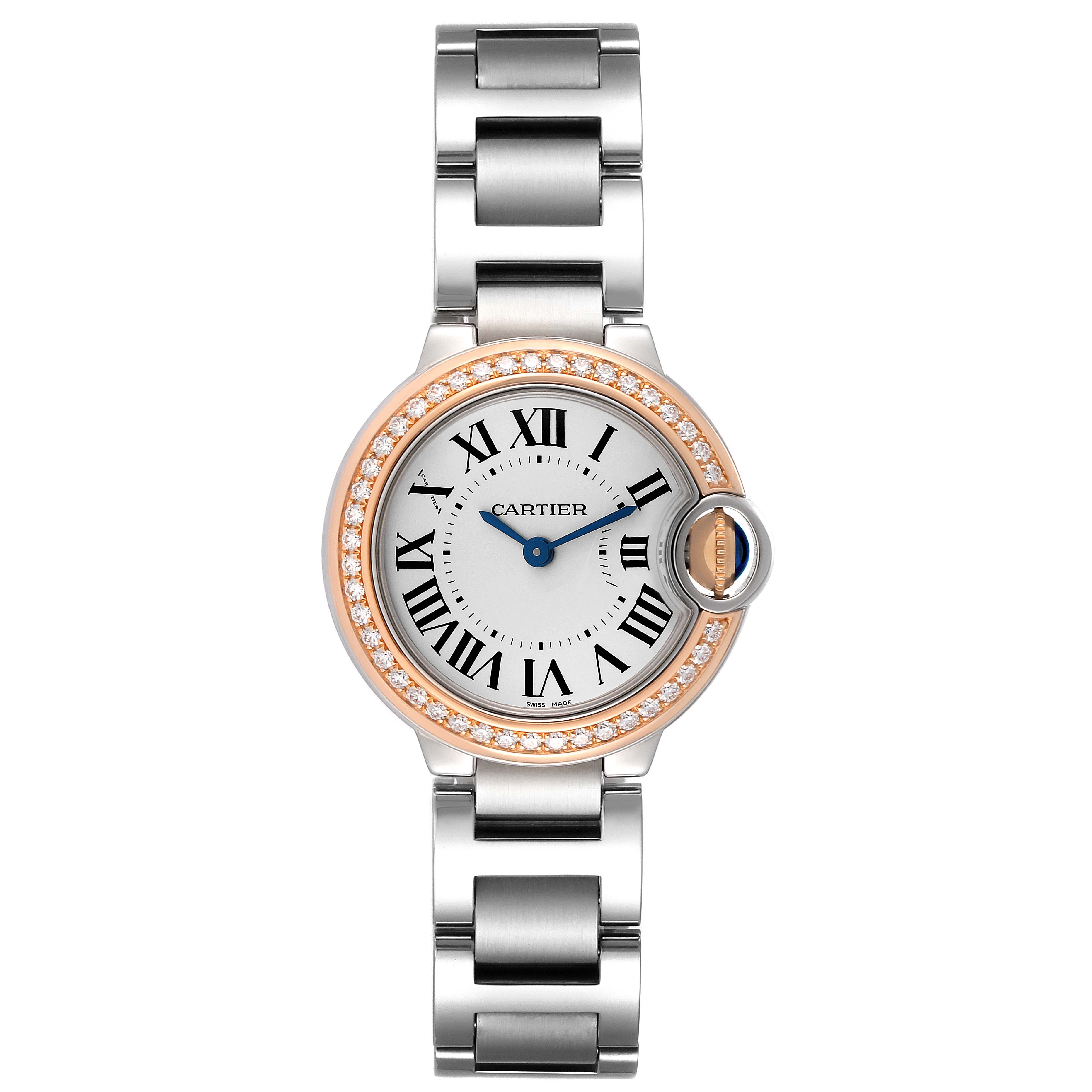 The image shows a front view of a Cartier Ballon Bleu WE902079 Women's Steel and Gold (two tone) Silver Dial WE902079 Women's Steel and Gold (two tone) Silver Dial watch, highlighting its face, bezel, and bracelet.