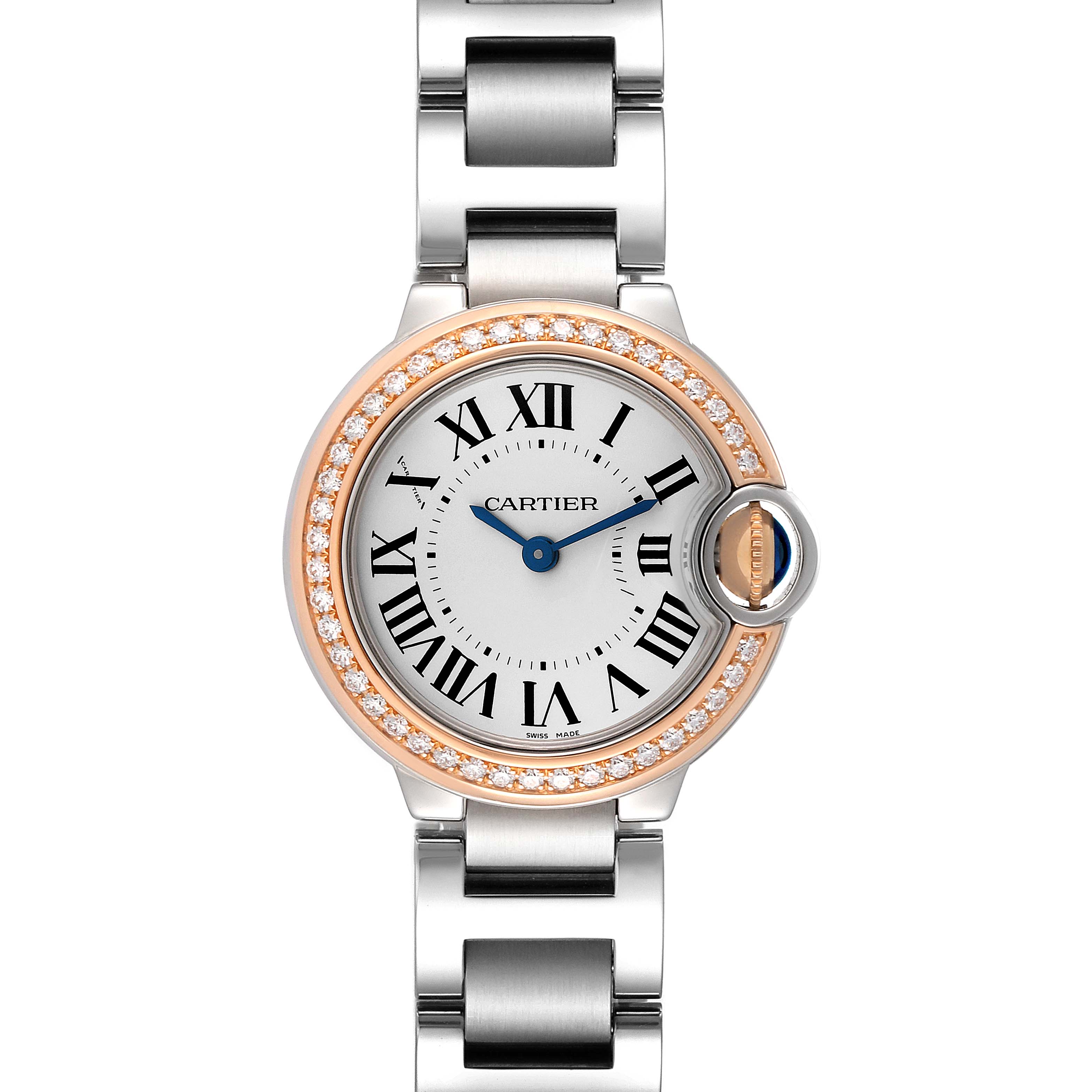 The image shows a front view of the Cartier Ballon Bleu WE902079 Women's Steel and Gold (two tone) Silver Dial WE902079 Women's Steel and Gold (two tone) Silver Dial watch, highlighting the dial, sapphire cabochon crown, bracelet, and diamond-set bezel.
