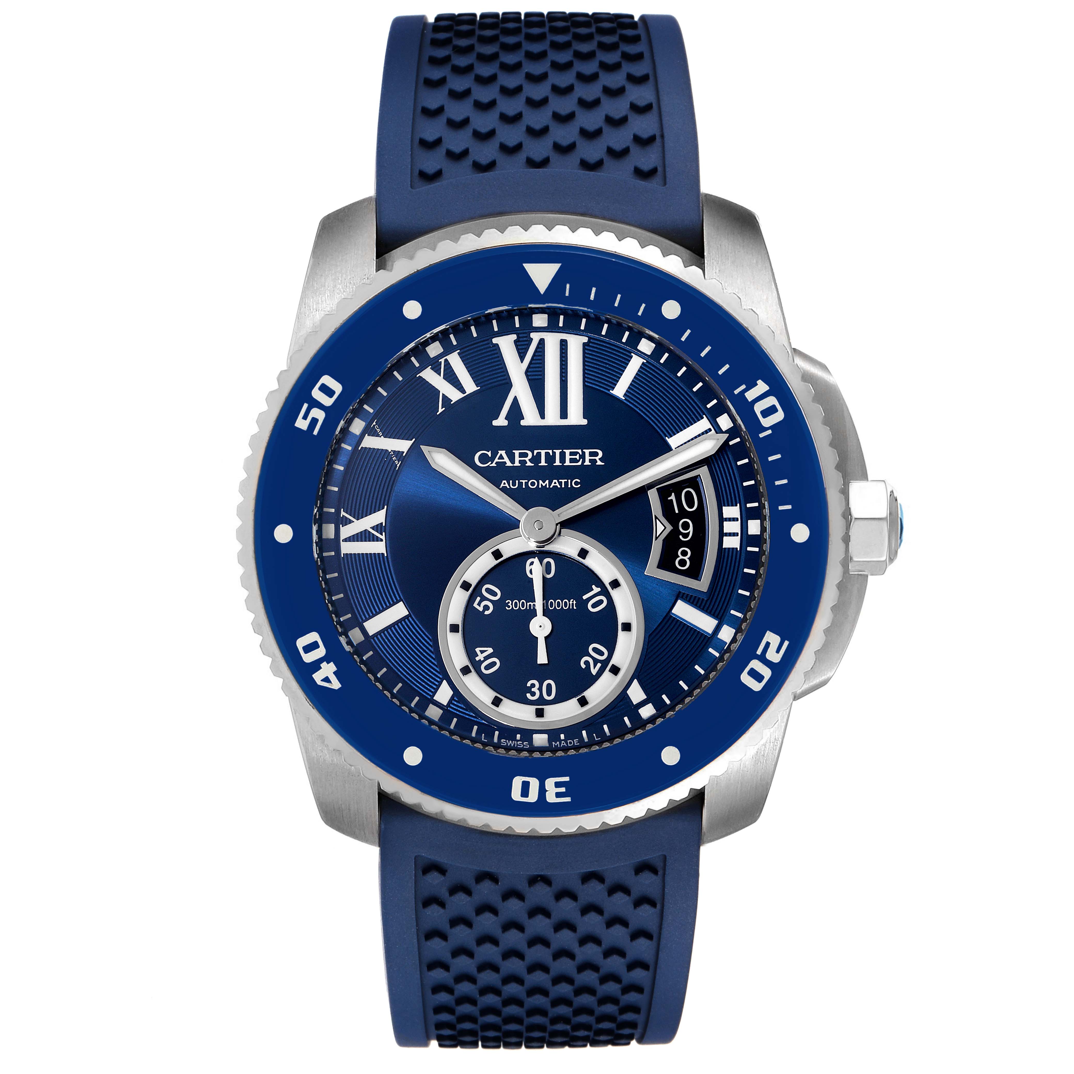 This image shows a frontal view of a Calibre de Cartier watch by Cartier, highlighting the dial, bezel, and strap.