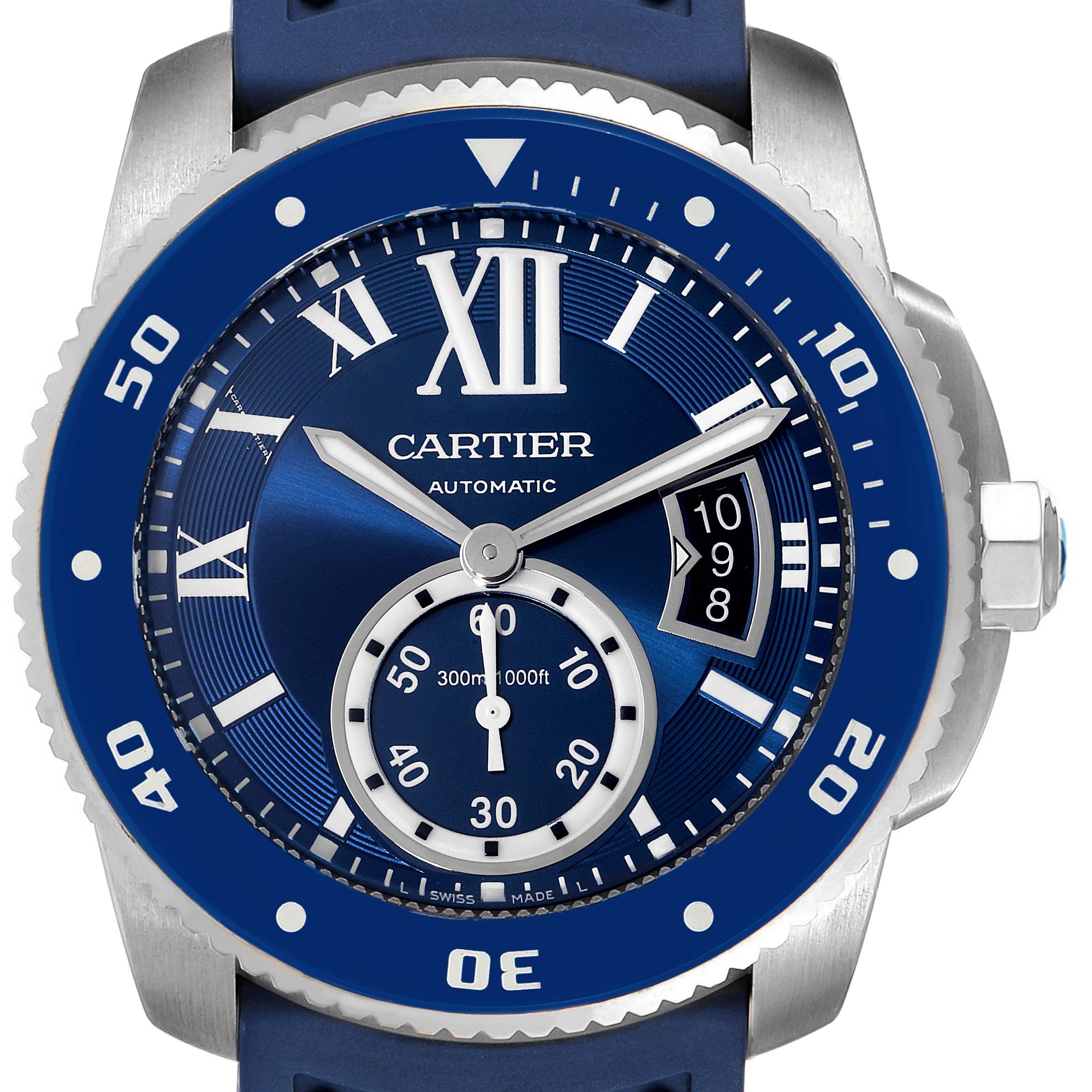 This image shows a close-up, front view of the dial and bezel of a Calibre de Cartier model watch by Cartier.