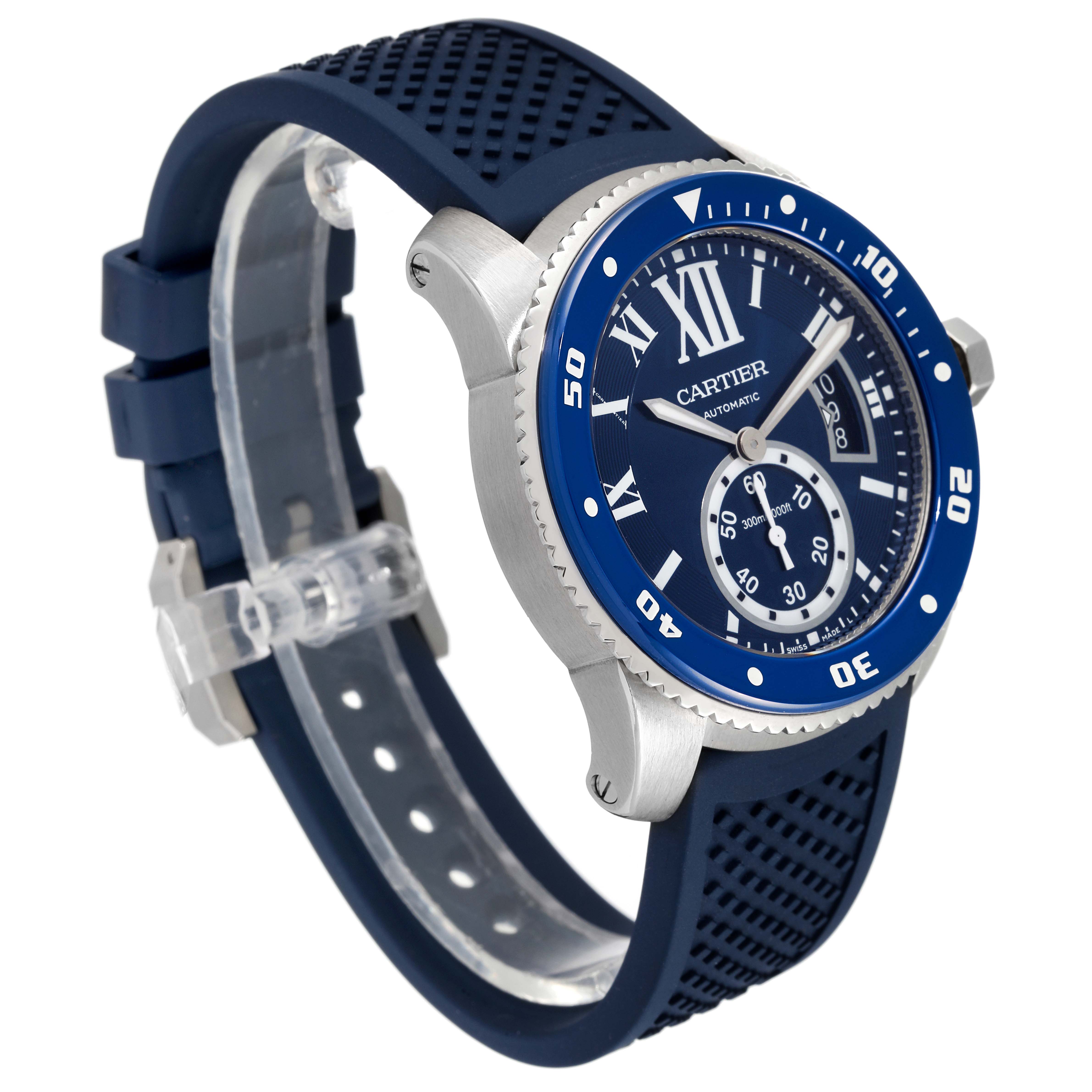 This image shows a side angle of the Calibre de Cartier watch by Cartier, featuring a blue rubber strap and a blue dial.