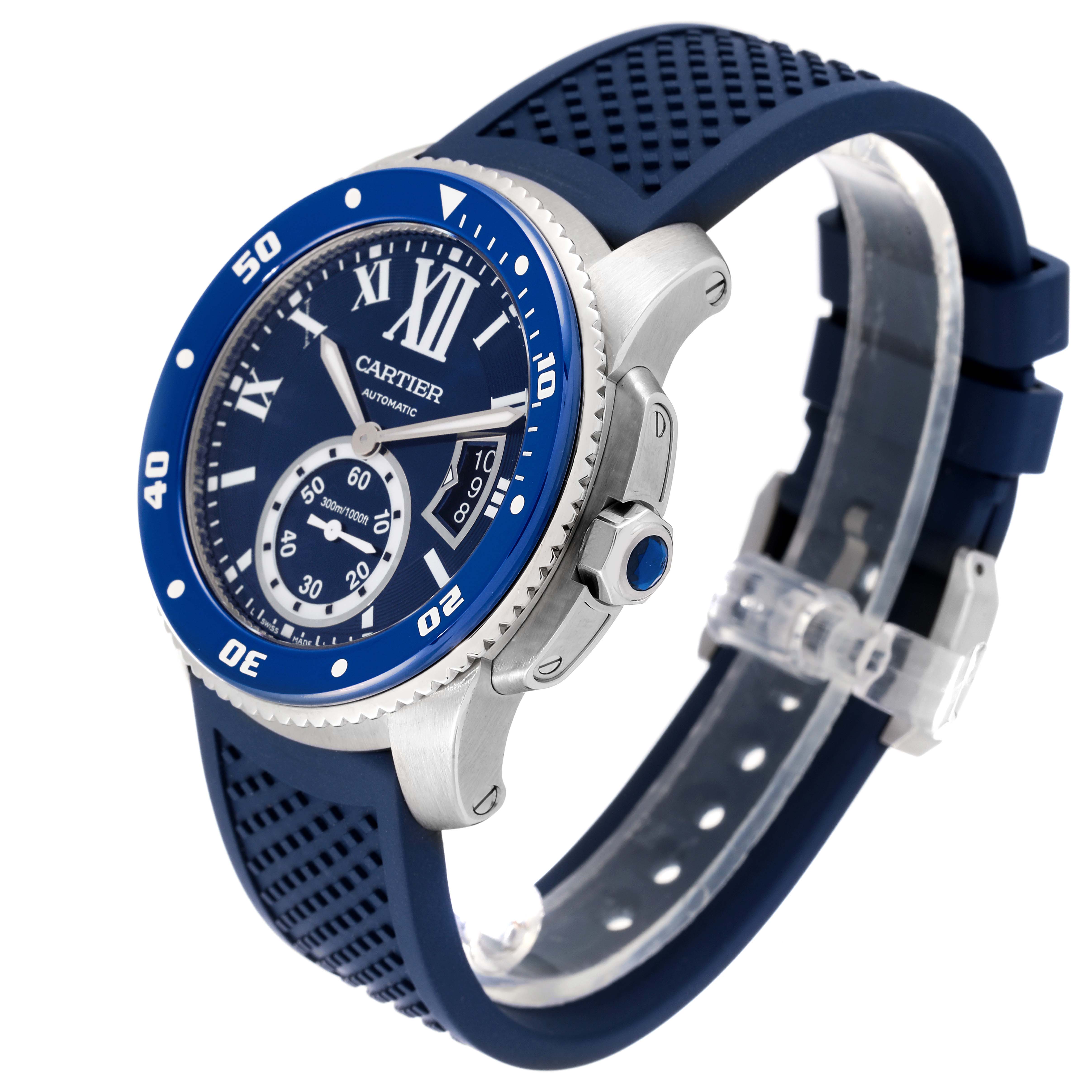 This image shows a Calibre de Cartier watch by Cartier at a three-quarter angle, highlighting the face, bezel, crown, and strap.