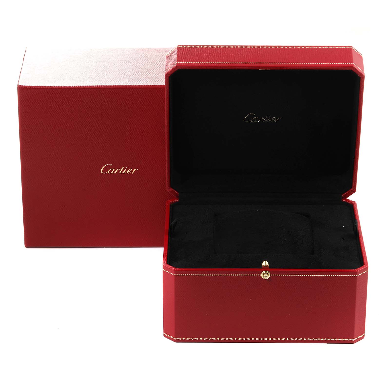 The image shows an open red Cartier watch box and an outer packaging box for the Calibre de Cartier model by Cartier.