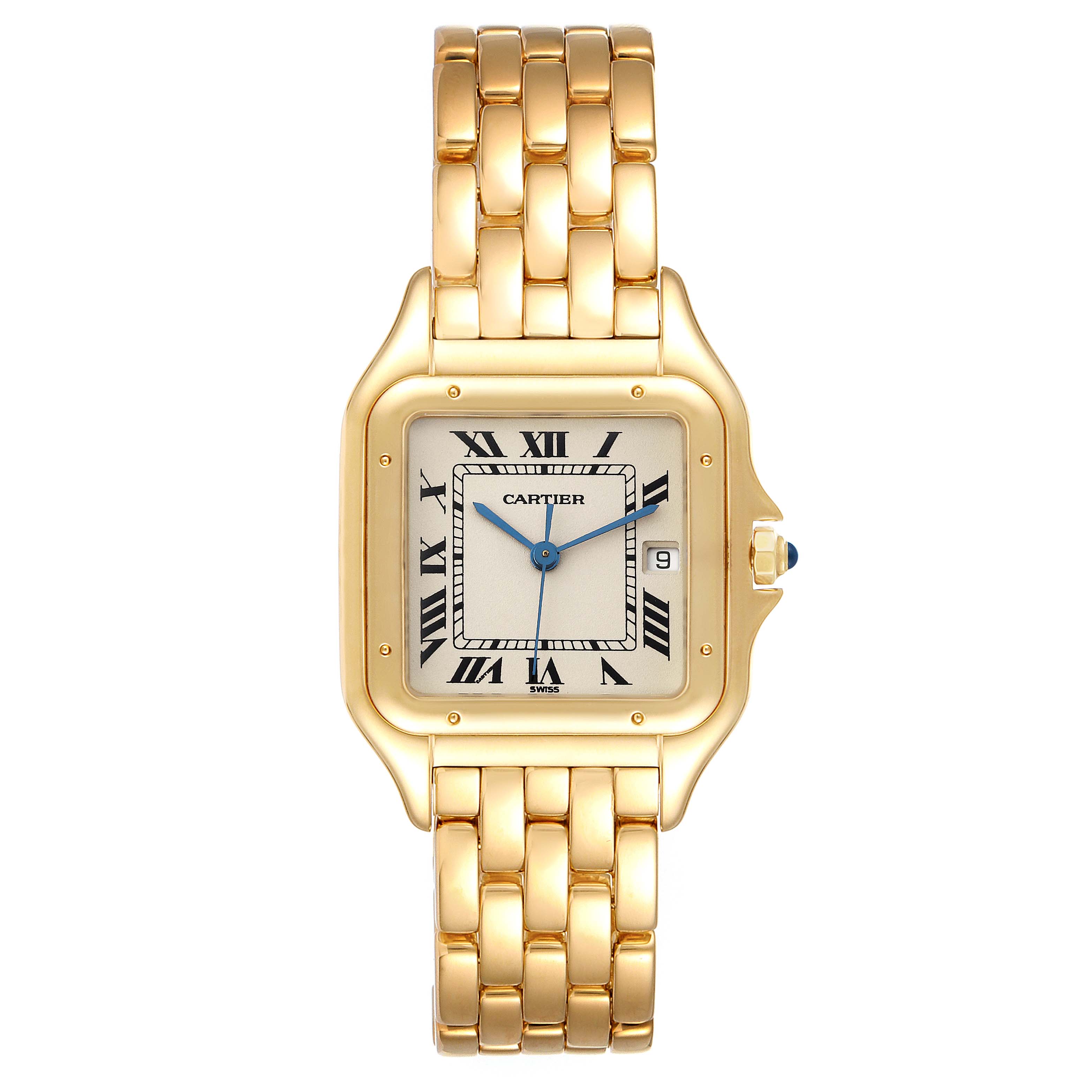 The image shows a front view of the Cartier Panthère watch, displaying its square face, Roman numerals, gold case, and metal bracelet.