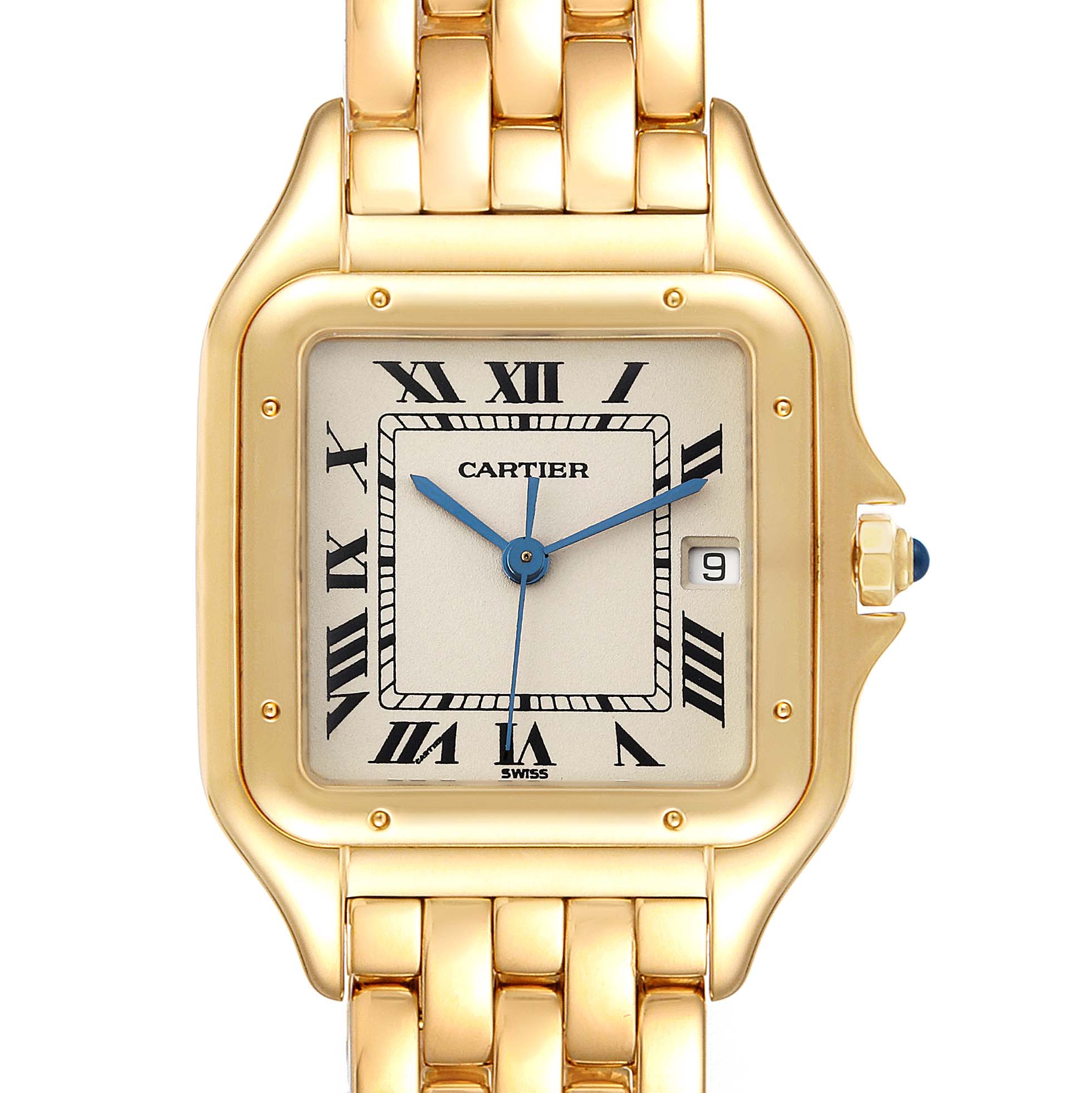 The image shows a frontal view of a Cartier Panthere W2501489 Men
s Yellow Gold Silver Dial W2501489 Men
s Yellow Gold Silver Dial watch, focusing on its face, hands, and part of the bracelet.