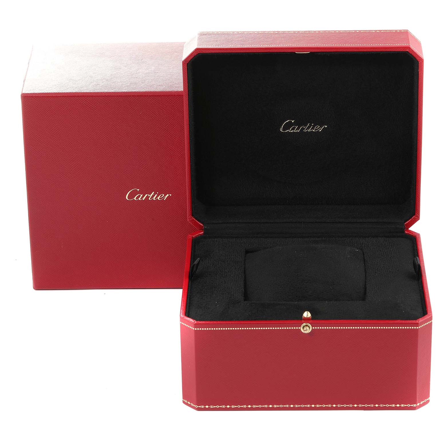 The image shows an open red Cartier Panthere W2501489 Men
s Yellow Gold Silver Dial W2501489 Men
s Yellow Gold Silver Dial watch box with the lid open, revealing a black interior.